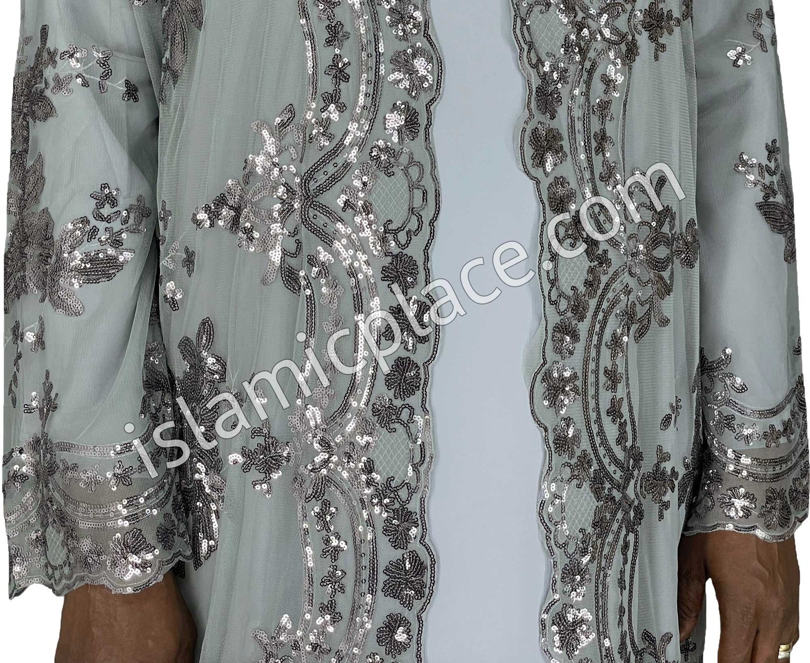 FINAL SALE: Gray - Asma Style Sequins Open Abaya Cardigan
