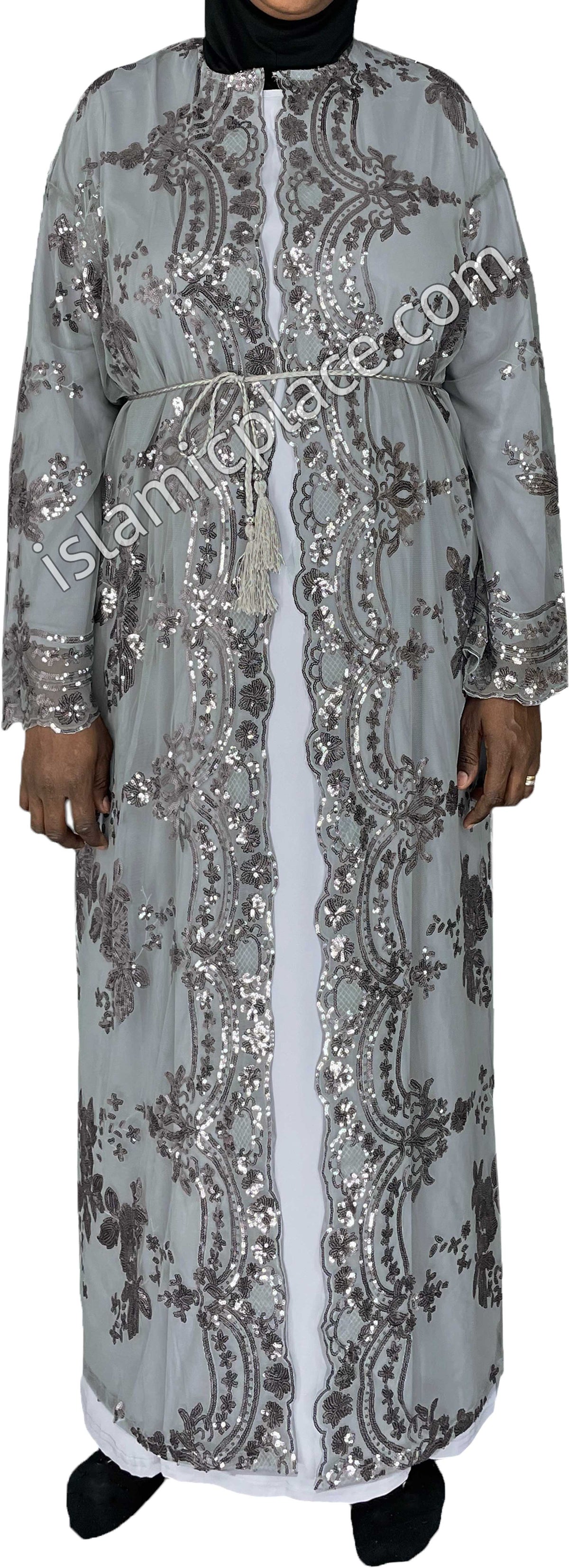 FINAL SALE: Gray - Asma Style Sequins Open Abaya Cardigan