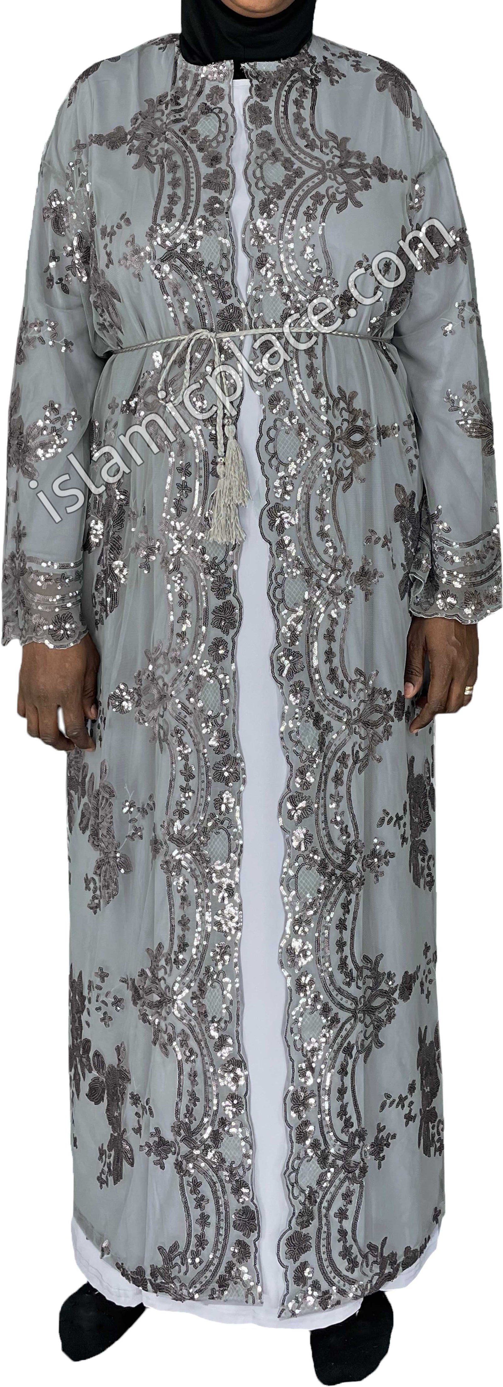 FINAL SALE: Gray - Asma Style Sequins Open Abaya Cardigan