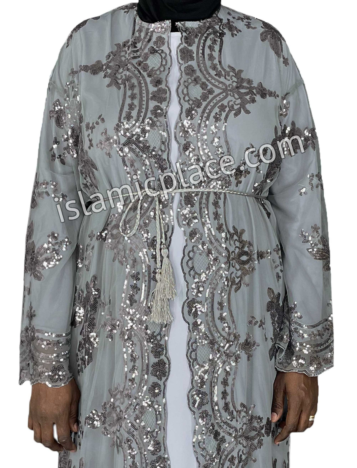 FINAL SALE: Gray - Asma Style Sequins Open Abaya Cardigan