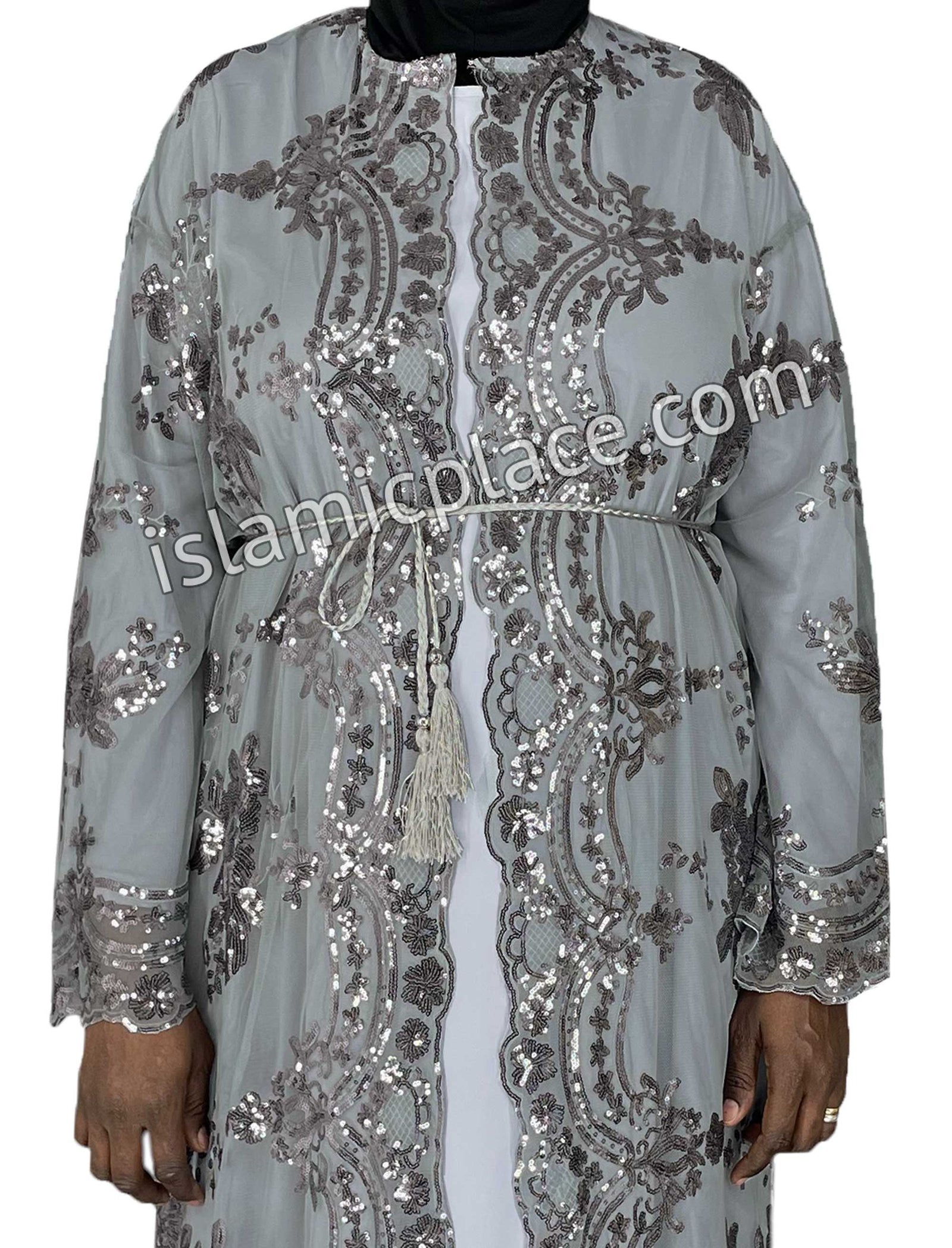 FINAL SALE: Gray - Asma Style Sequins Open Abaya Cardigan