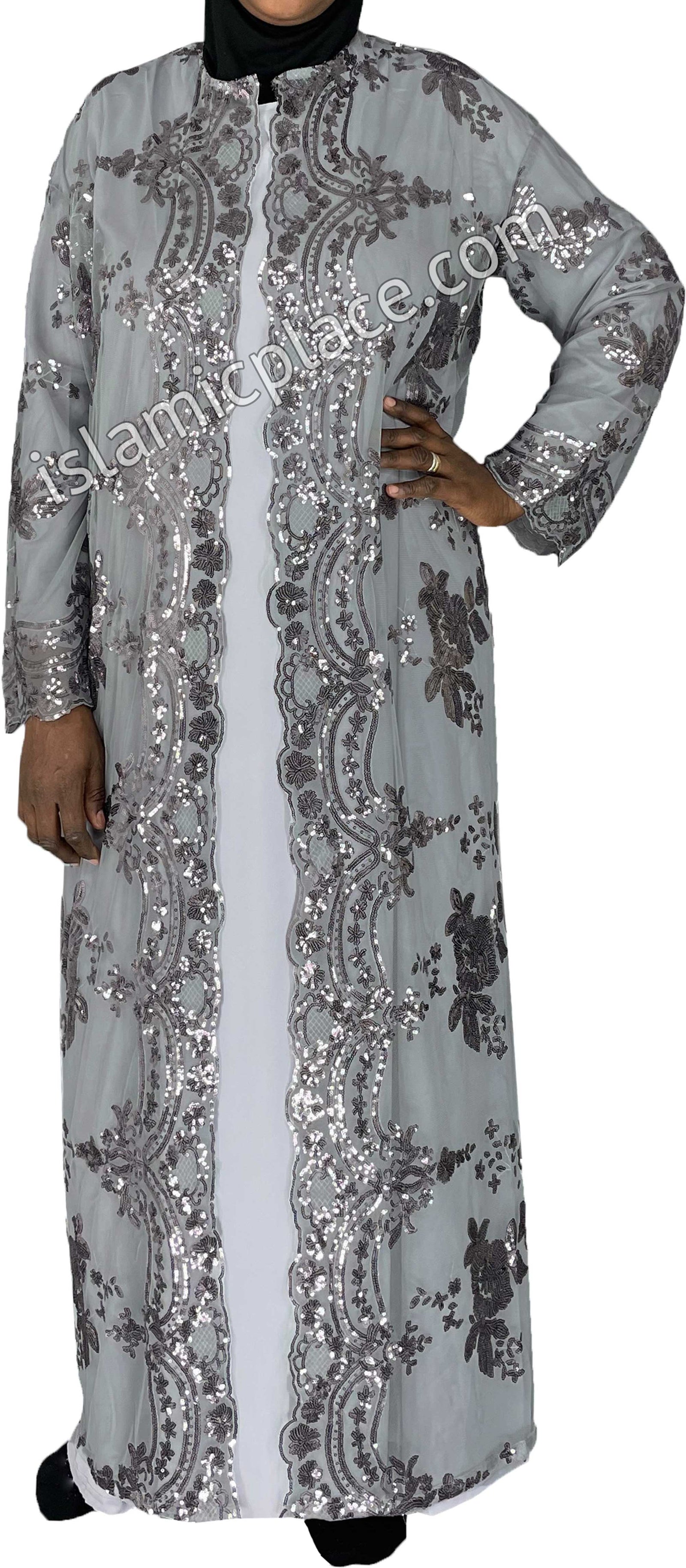 FINAL SALE: Gray - Asma Style Sequins Open Abaya Cardigan
