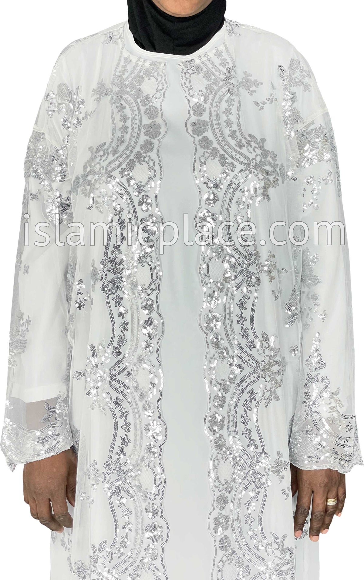 FINAL SALE: White - Asma Style Sequins Open Abaya Cardigan