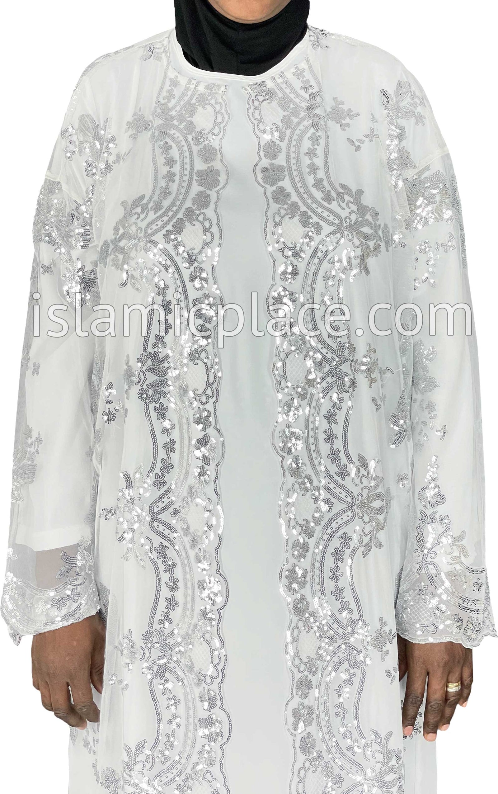 FINAL SALE: White - Asma Style Sequins Open Abaya Cardigan