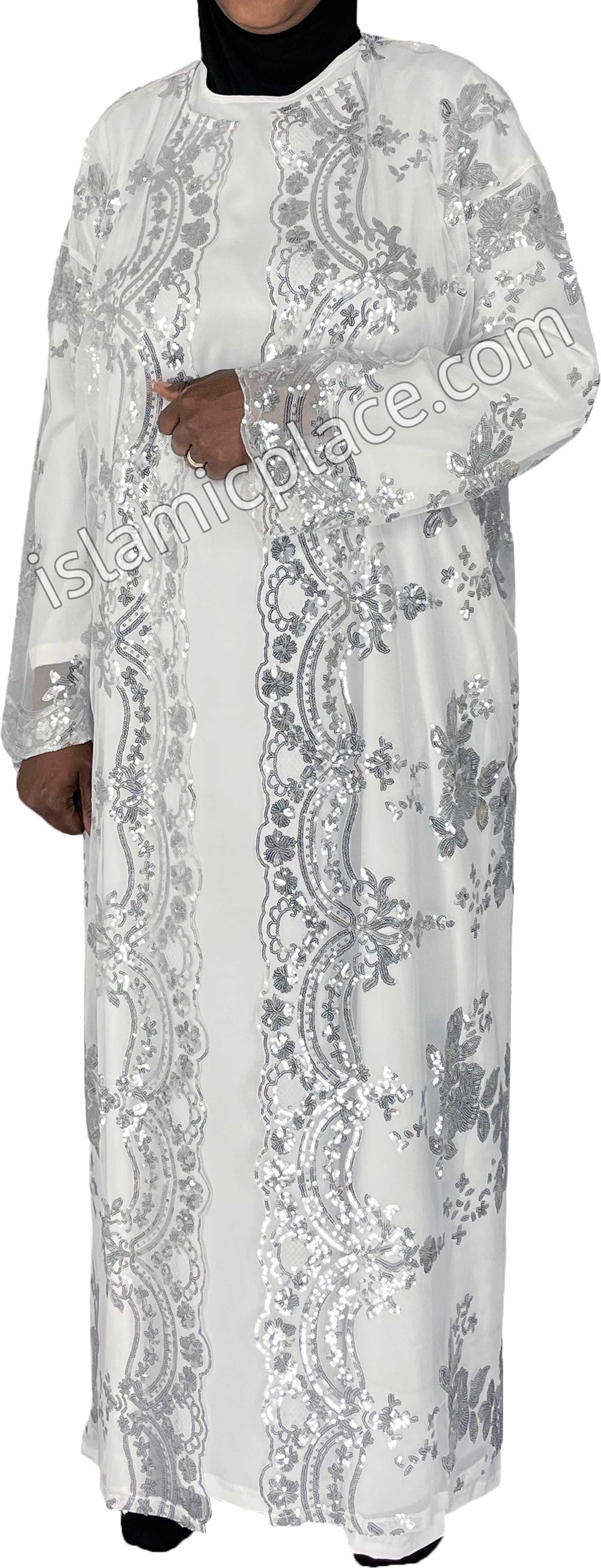 FINAL SALE: White - Asma Style Sequins Open Abaya Cardigan