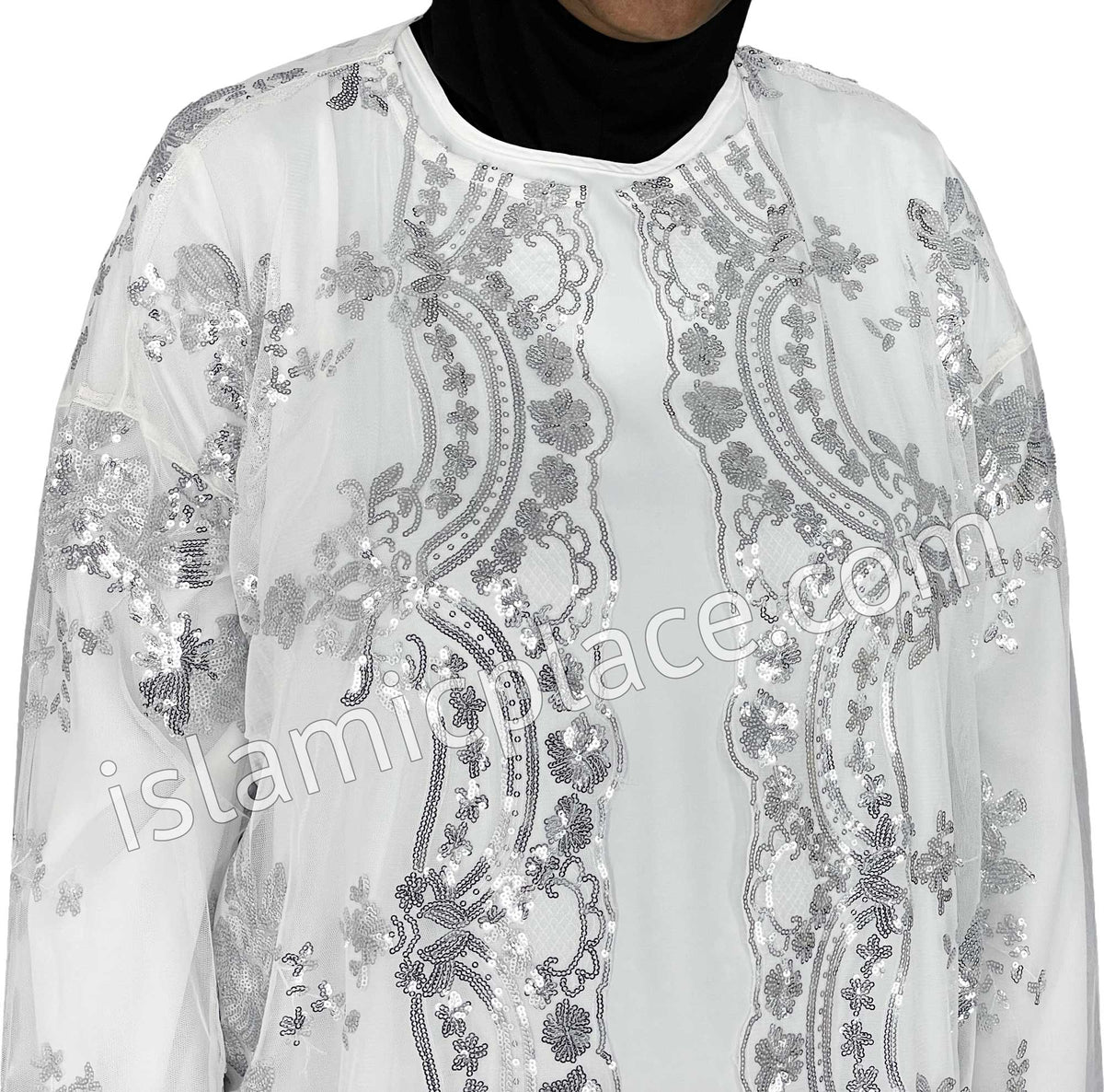 FINAL SALE: White - Asma Style Sequins Open Abaya Cardigan