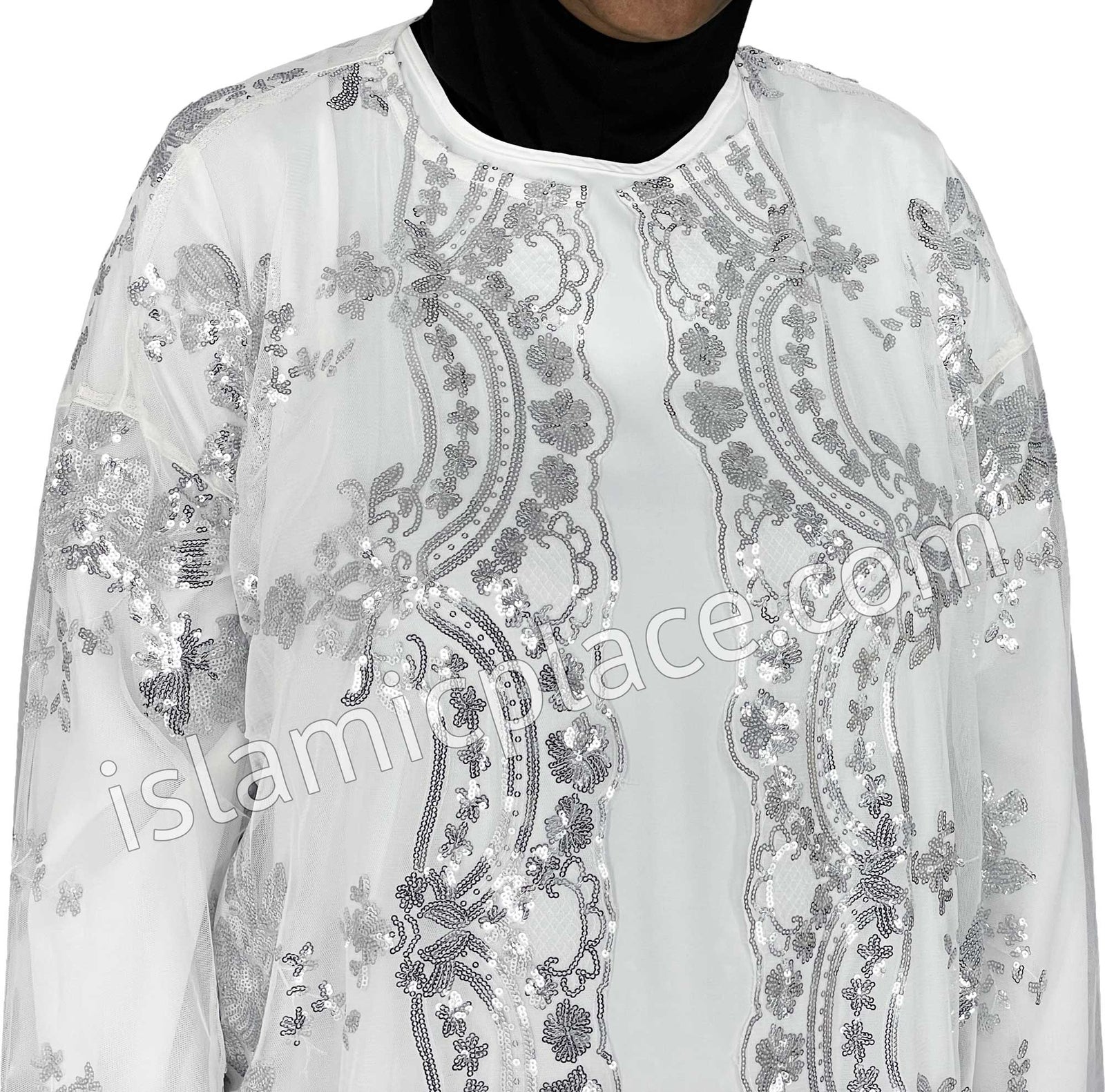 FINAL SALE: White - Asma Style Sequins Open Abaya Cardigan
