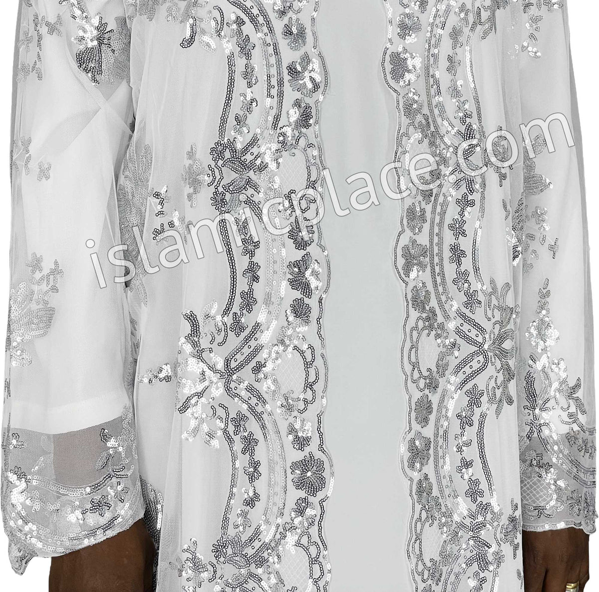FINAL SALE: White - Asma Style Sequins Open Abaya Cardigan