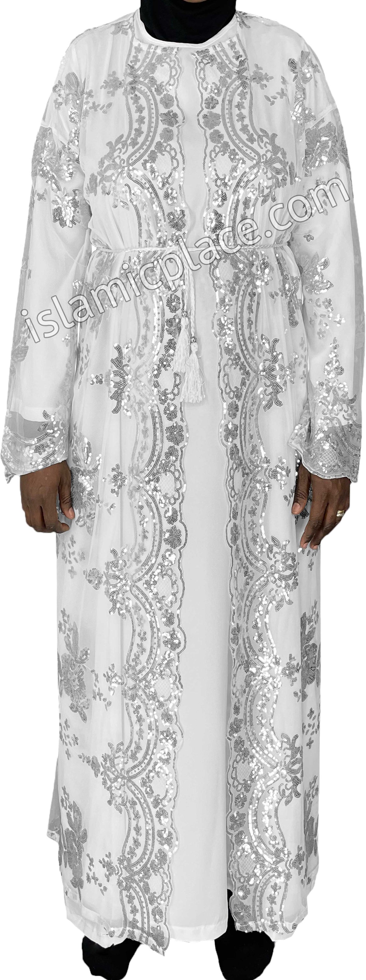 FINAL SALE: White - Asma Style Sequins Open Abaya Cardigan