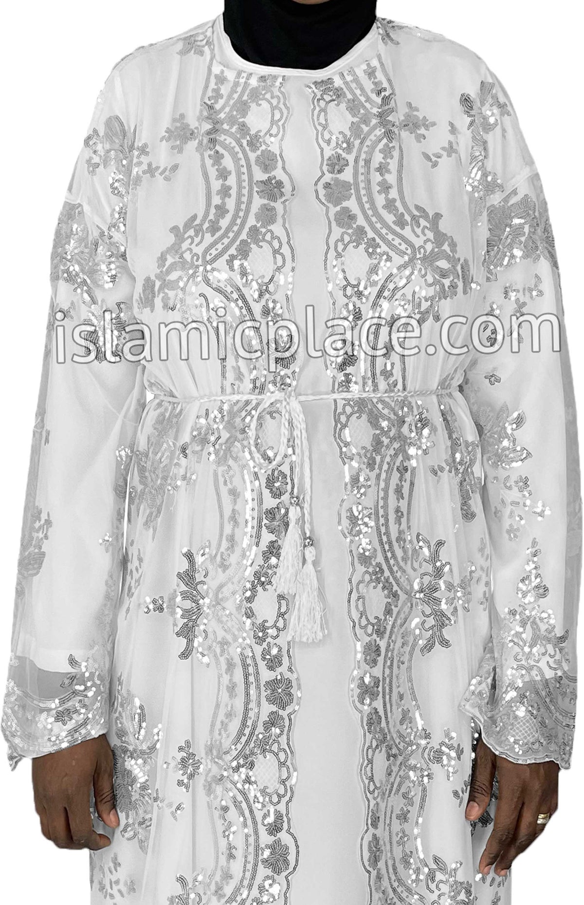 FINAL SALE: White - Asma Style Sequins Open Abaya Cardigan