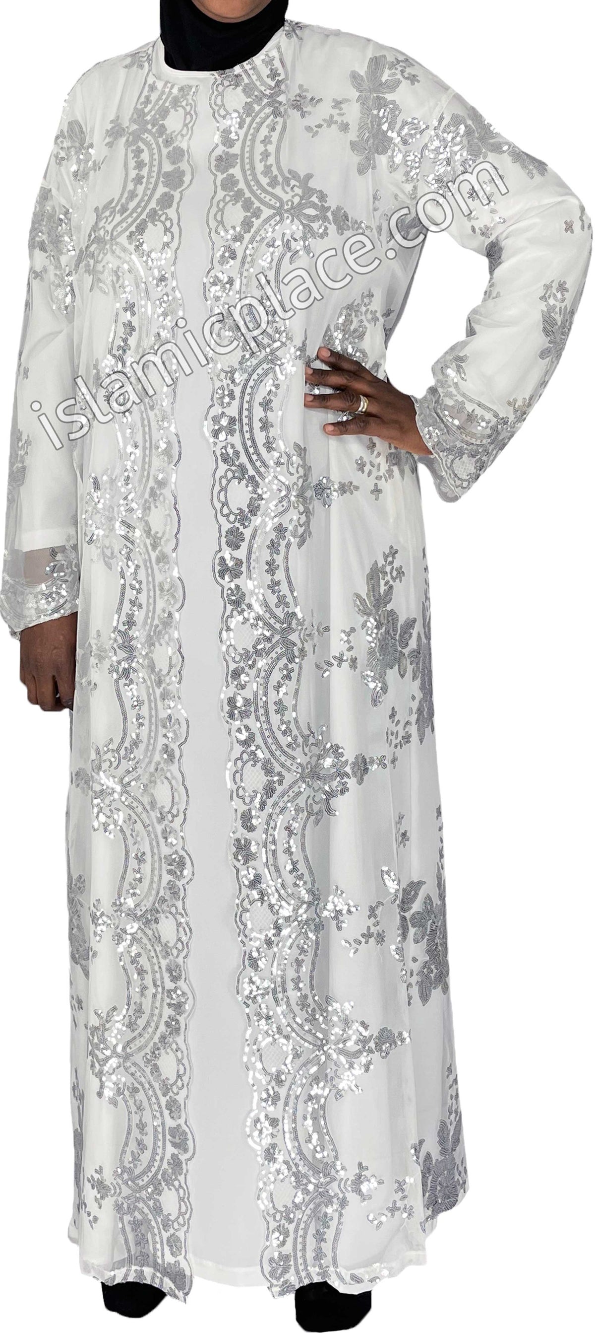 FINAL SALE: White - Asma Style Sequins Open Abaya Cardigan