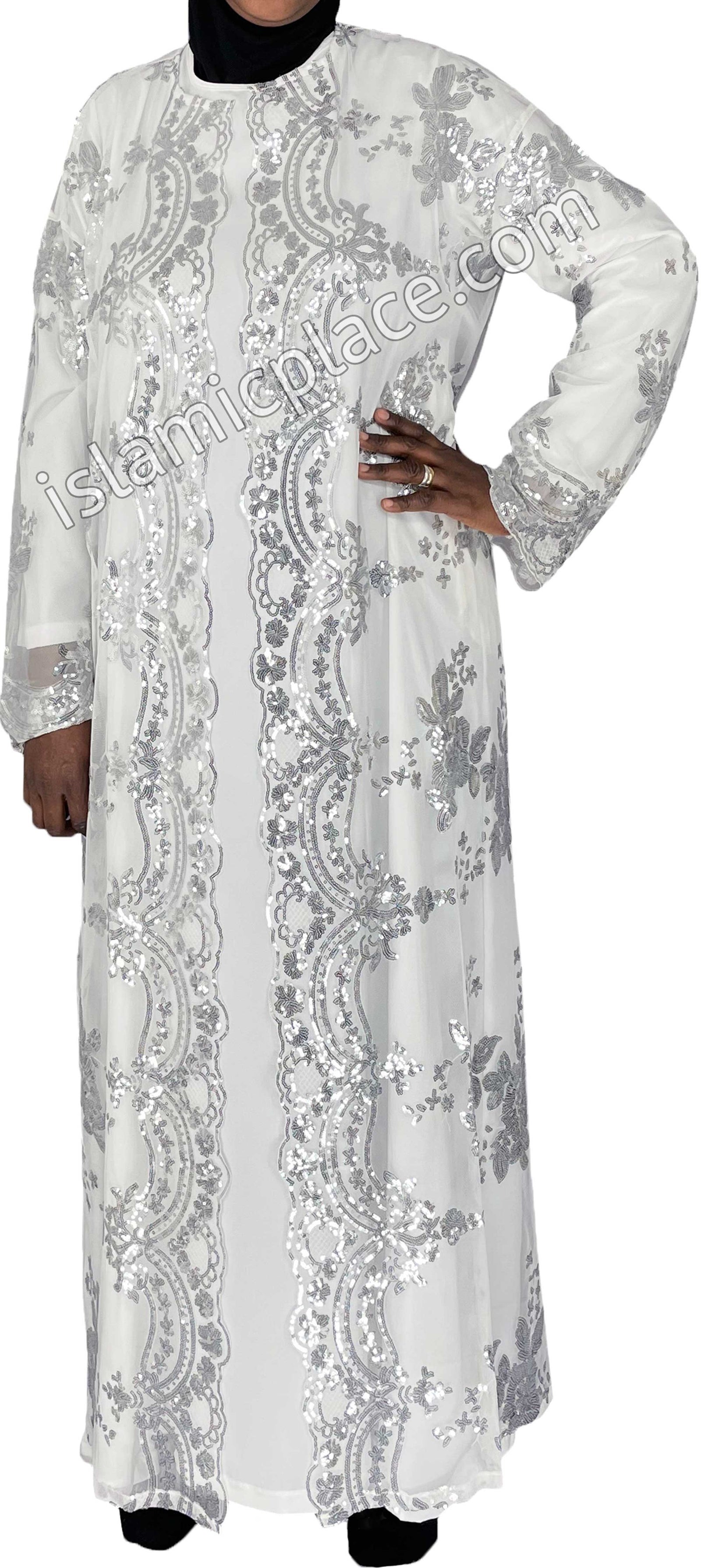 FINAL SALE: White - Asma Style Sequins Open Abaya Cardigan