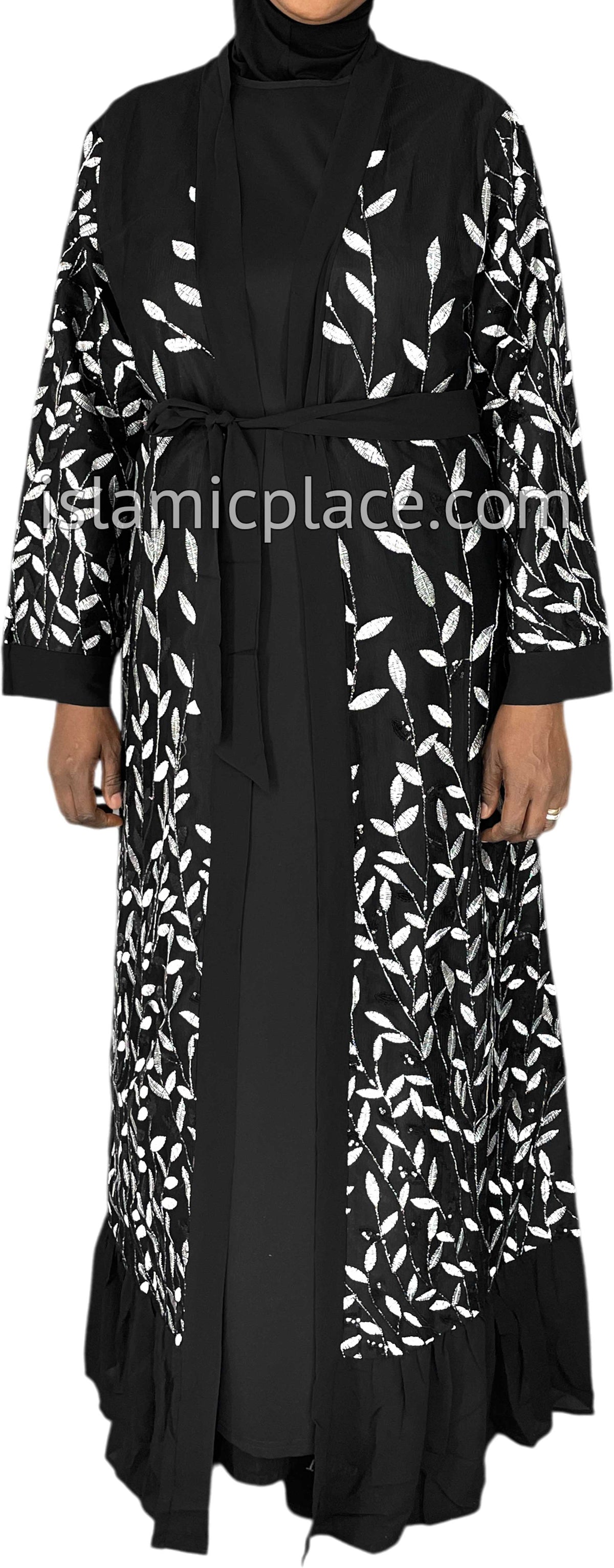 FINAL SALE: Black - Jenna Style Leaf Sequins Duster Cardigan with Ruffles
