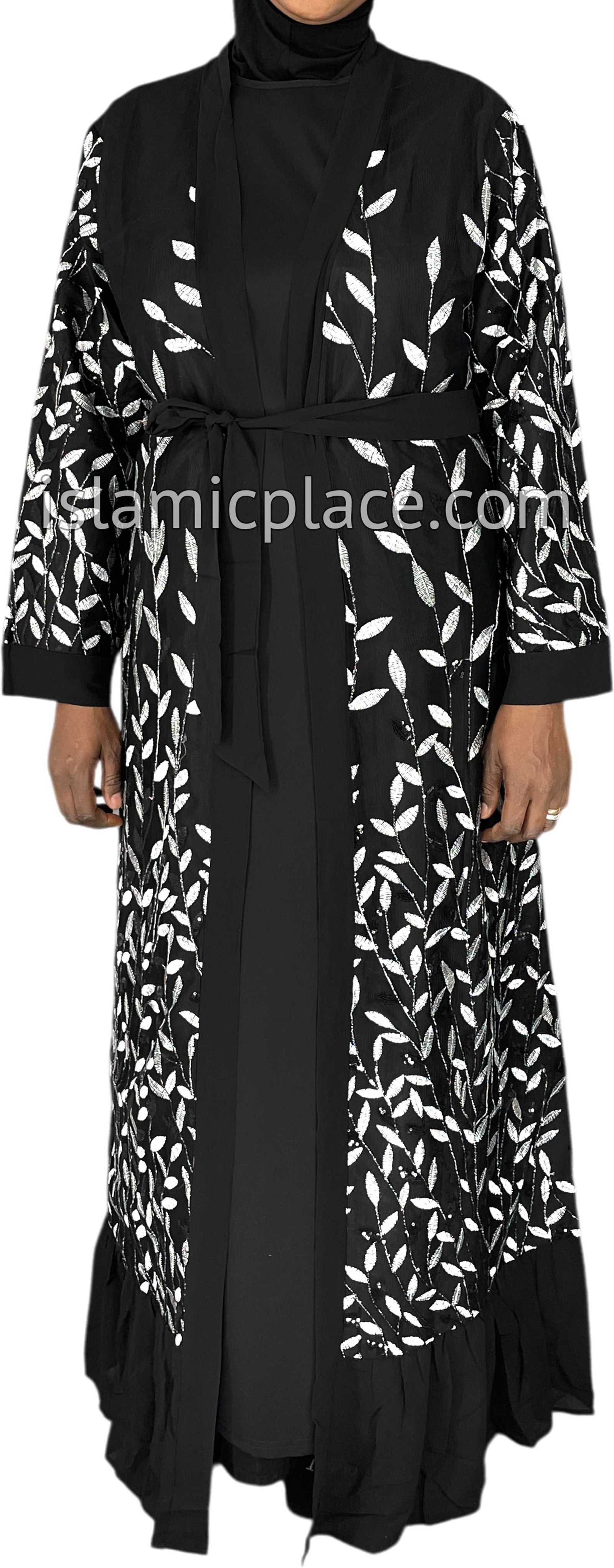 FINAL SALE: Black - Jenna Style Leaf Sequins Duster Cardigan with Ruffles