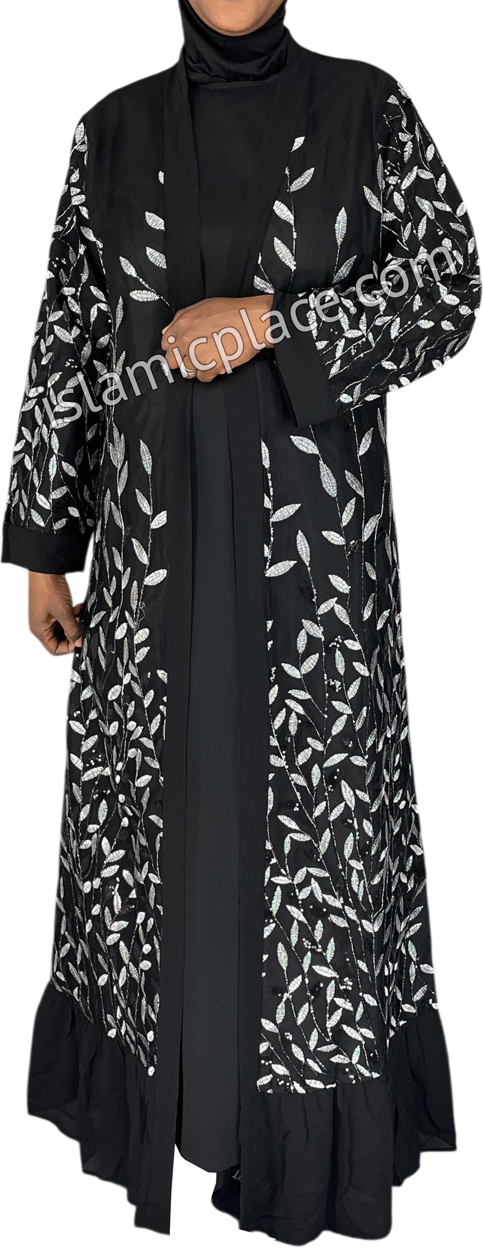 FINAL SALE: Black - Jenna Style Leaf Sequins Duster Cardigan with Ruffles