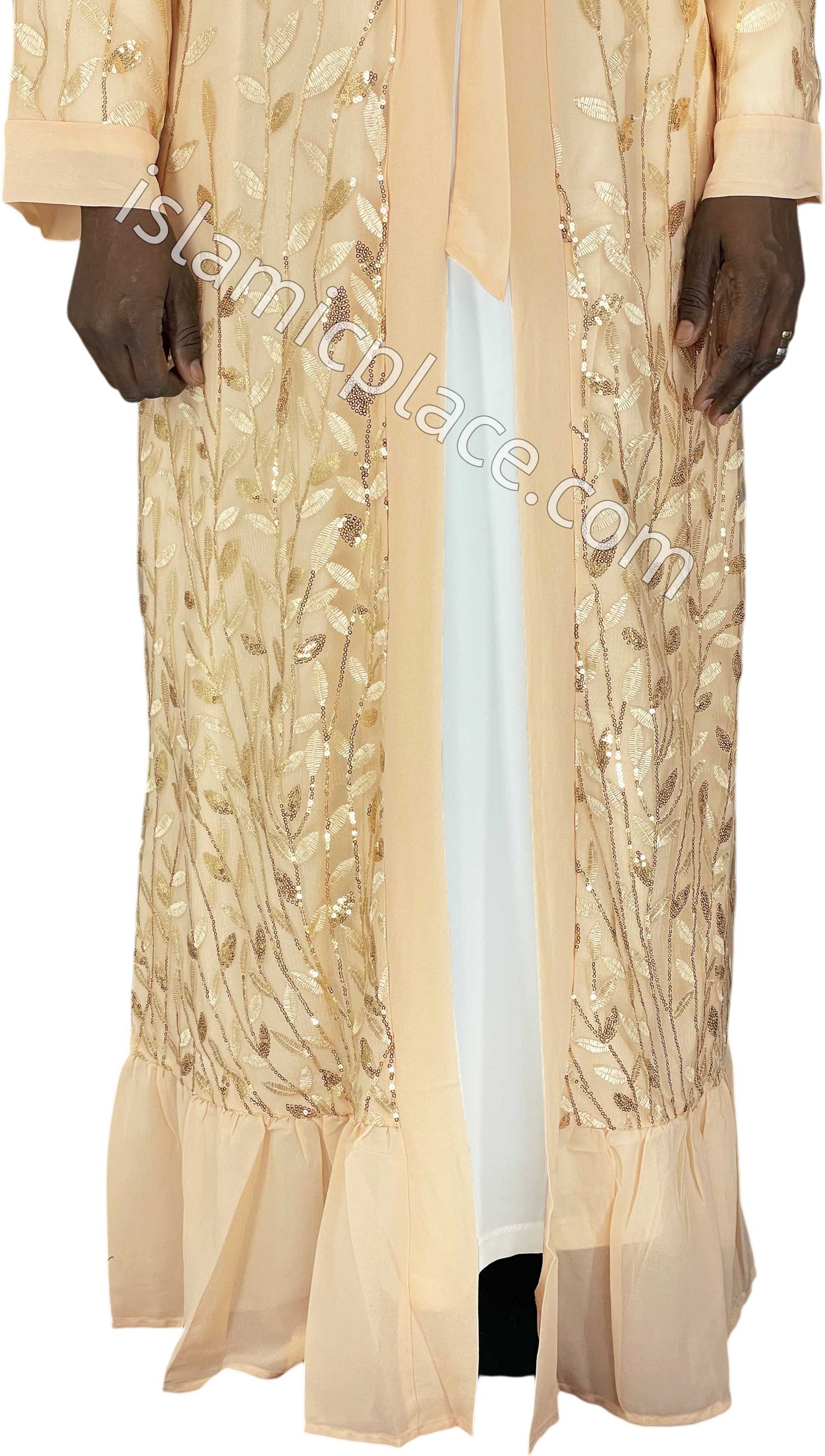 FINAL SALE: Chai - Jenna Style Leaf Sequins Duster Cardigan with Ruffles