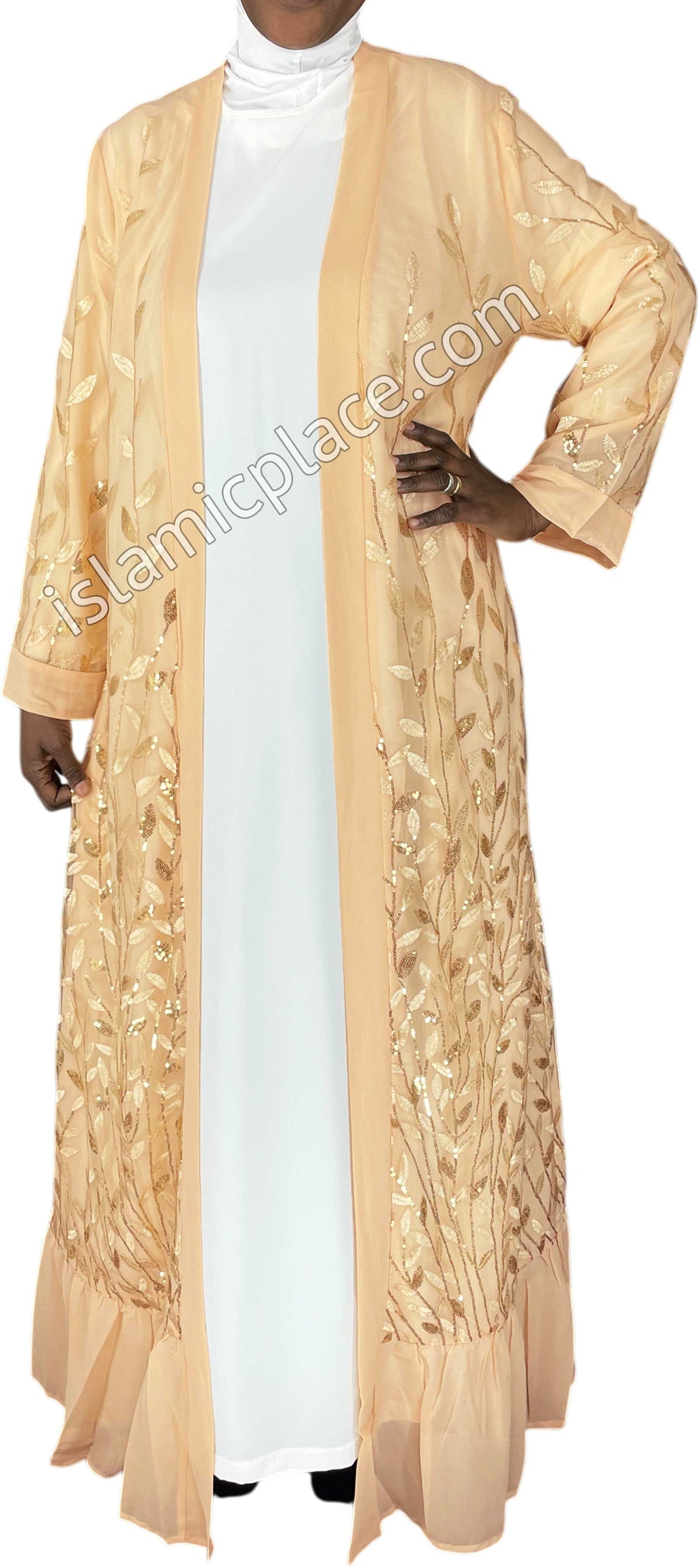 FINAL SALE: Chai - Jenna Style Leaf Sequins Duster Cardigan with Ruffles