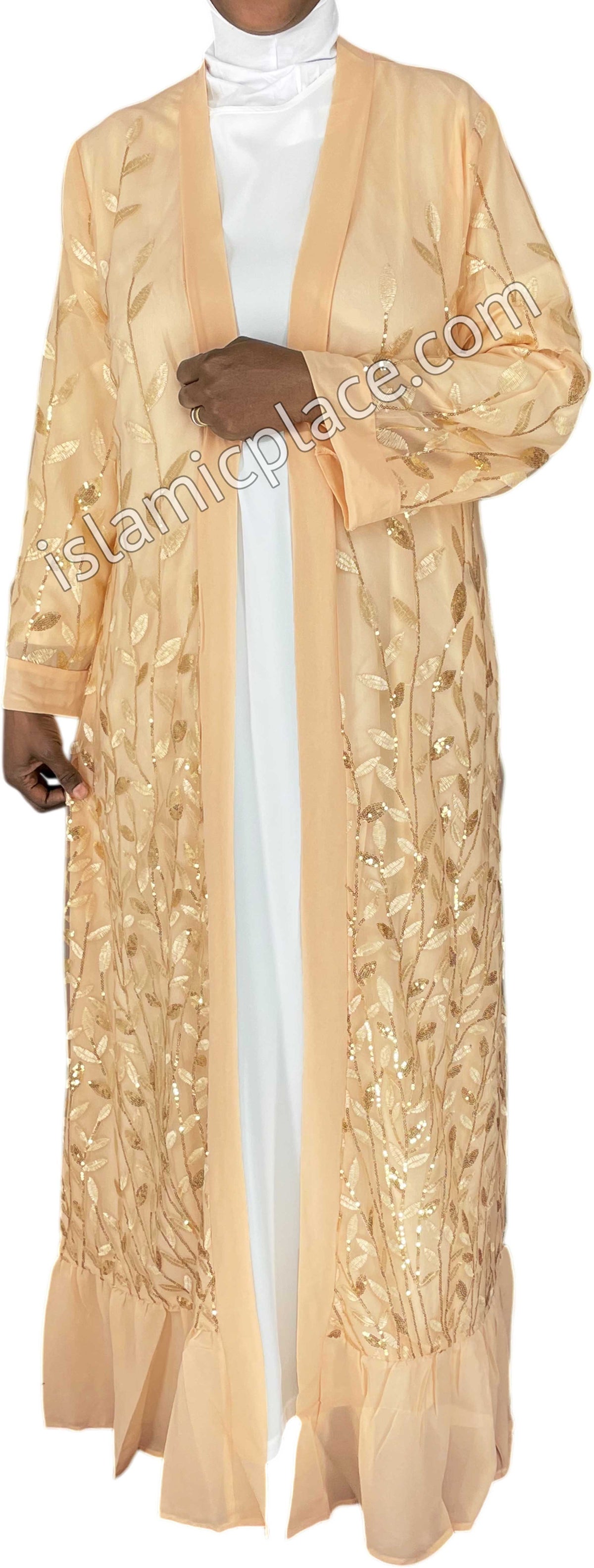 FINAL SALE: Chai - Jenna Style Leaf Sequins Duster Cardigan with Ruffles