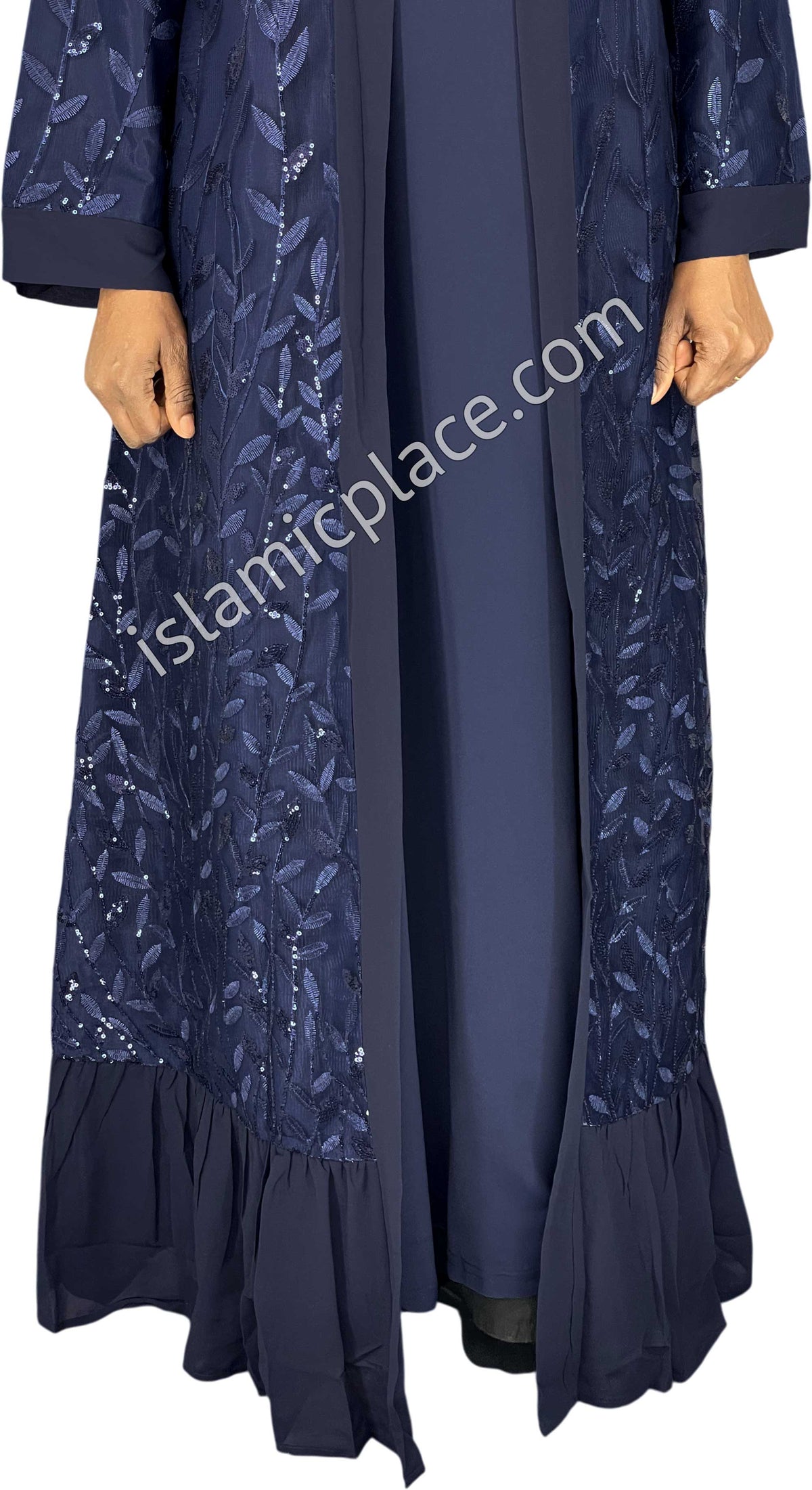 FINAL SALE: Navy Blue - Jenna Style Leaf Sequins Duster Cardigan with Ruffles