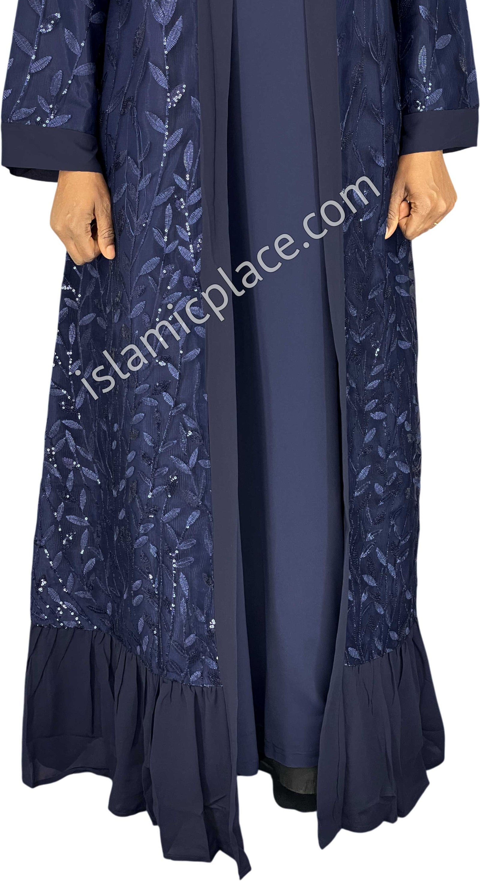 FINAL SALE: Navy Blue - Jenna Style Leaf Sequins Duster Cardigan with Ruffles