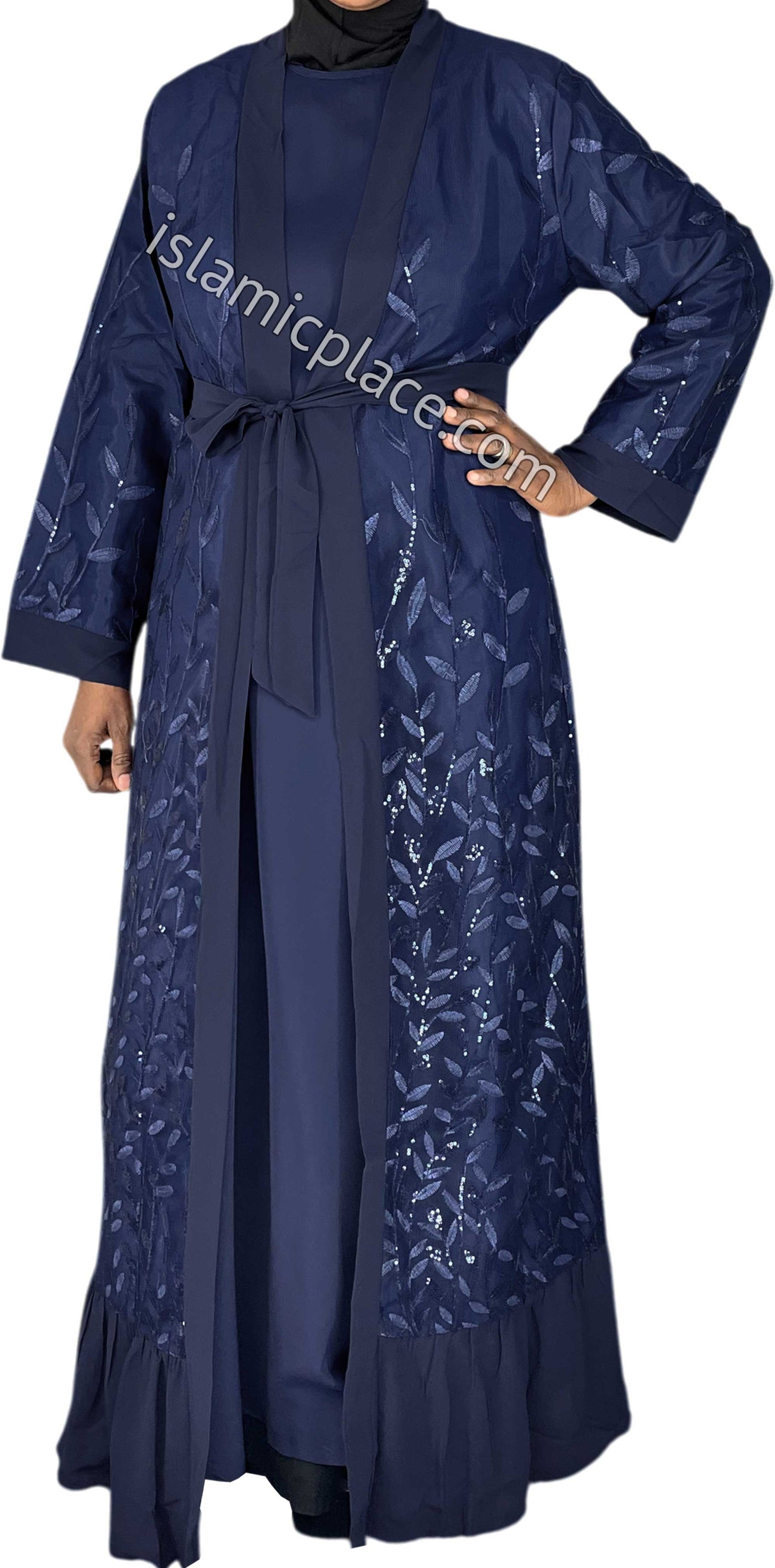 FINAL SALE: Navy Blue - Jenna Style Leaf Sequins Duster Cardigan with Ruffles