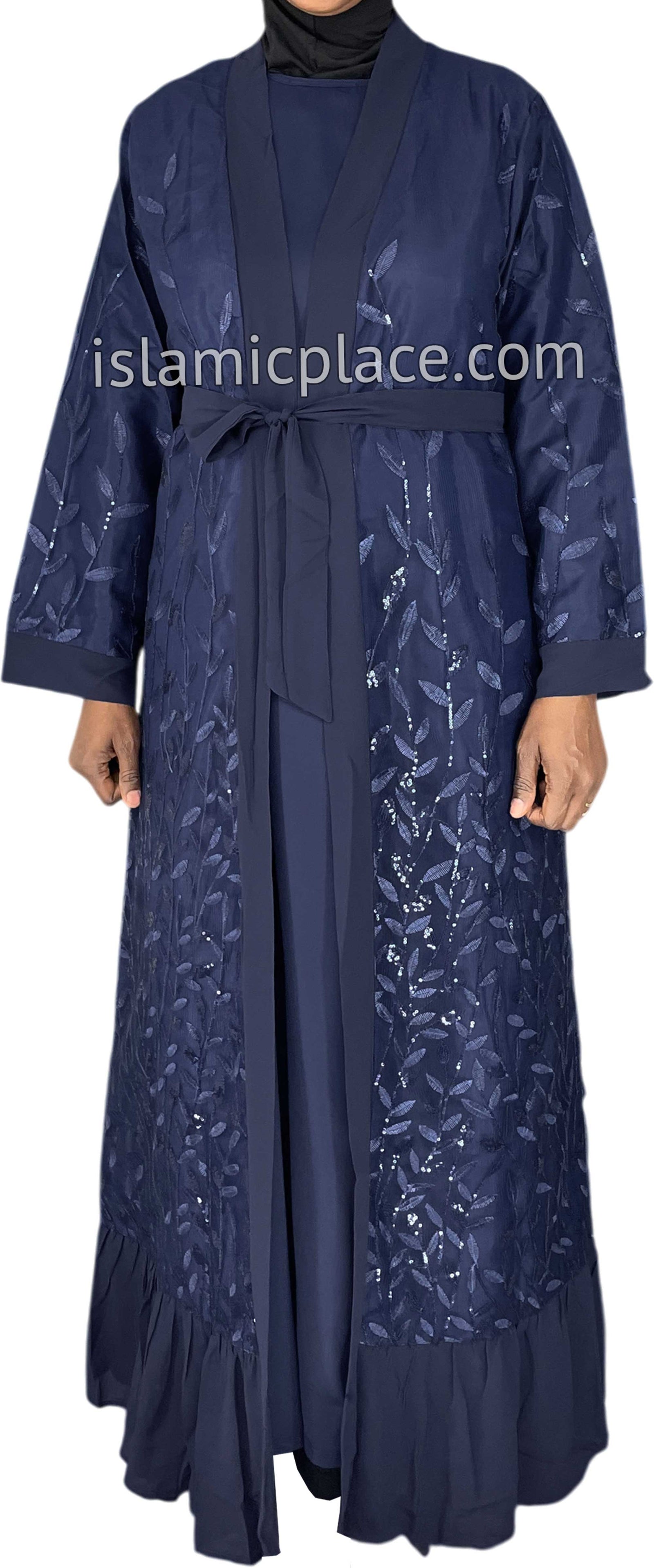 FINAL SALE: Navy Blue - Jenna Style Leaf Sequins Duster Cardigan with Ruffles