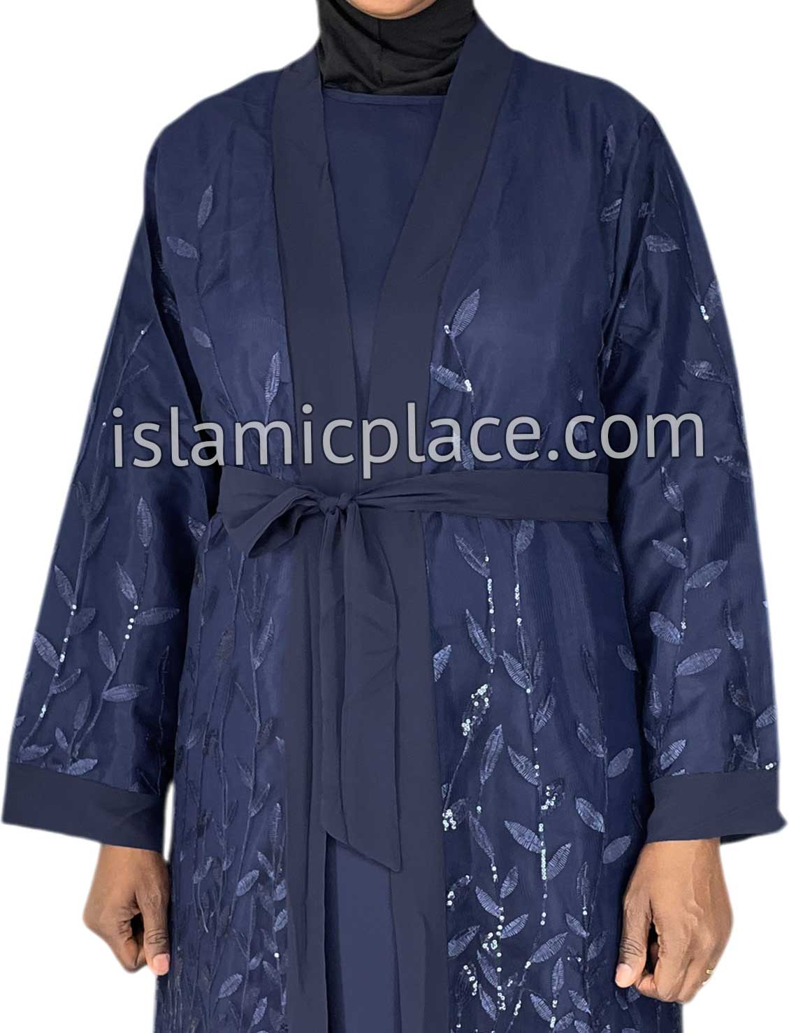 FINAL SALE: Navy Blue - Jenna Style Leaf Sequins Duster Cardigan with Ruffles