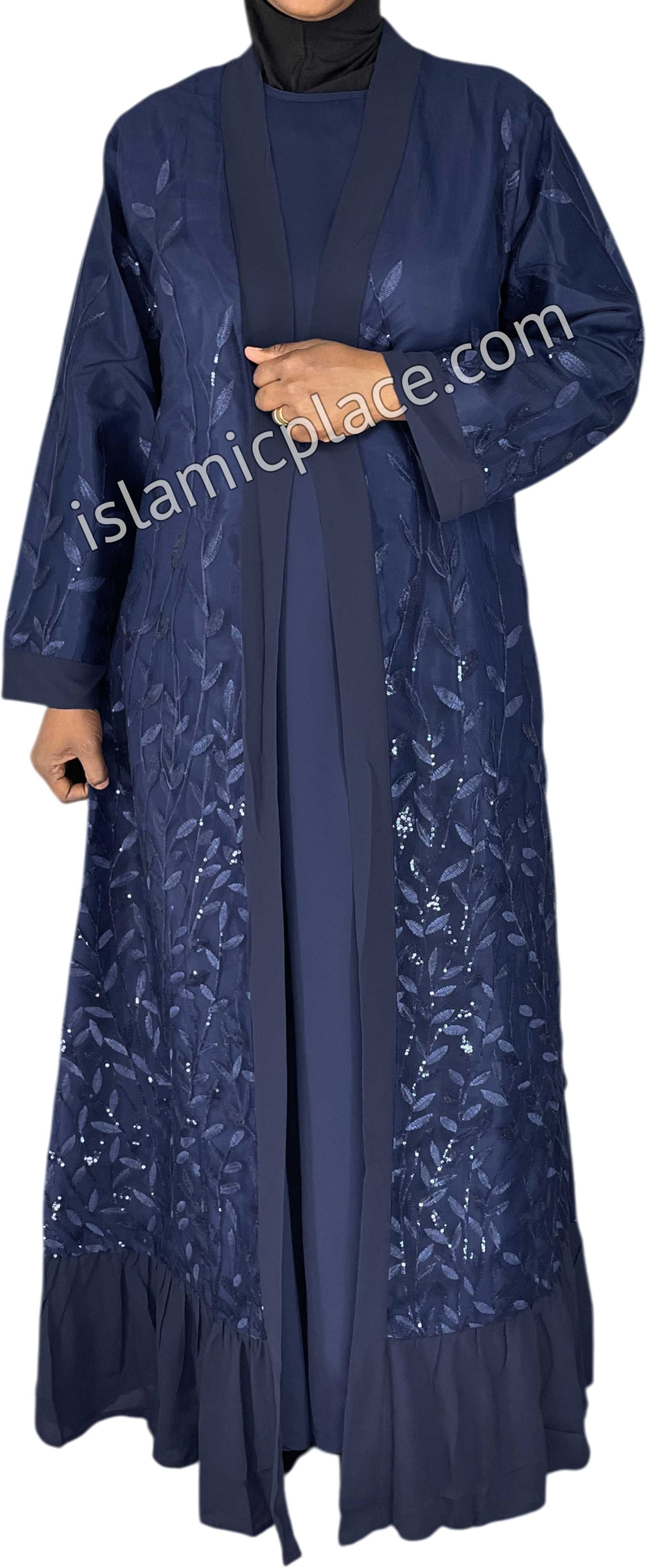 FINAL SALE: Navy Blue - Jenna Style Leaf Sequins Duster Cardigan with Ruffles