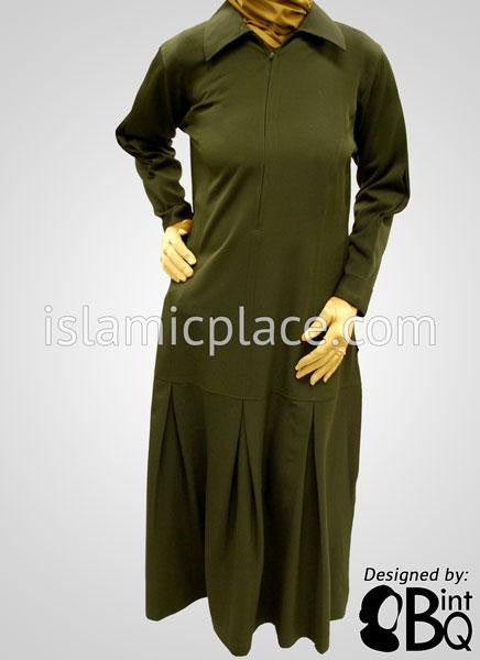 Forest Olive Chic Collar Abaya with Pleating - BQS6