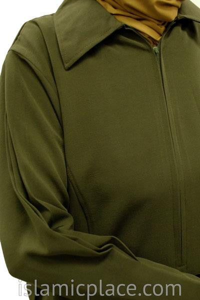 Close up Forest Olive Chic Collar Abaya with Pleating - BQS6