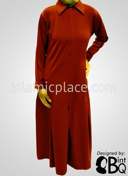Red Rust Chic Collar Abaya with Pleating - BQS6