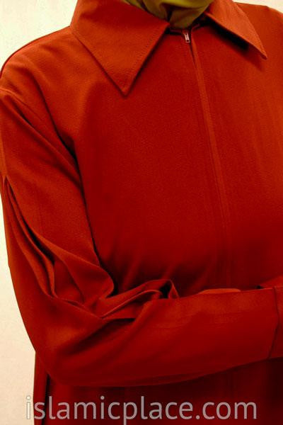 Close up Red Rust Chic Collar Abaya with Pleating - BQS6