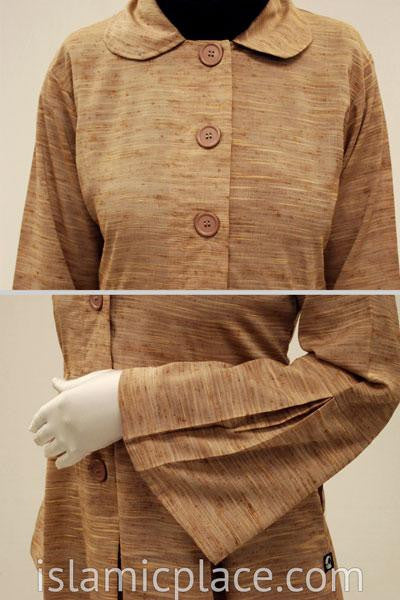 Close up Muted Rust Tweed Pleated Coat with Round Collar - BQ141