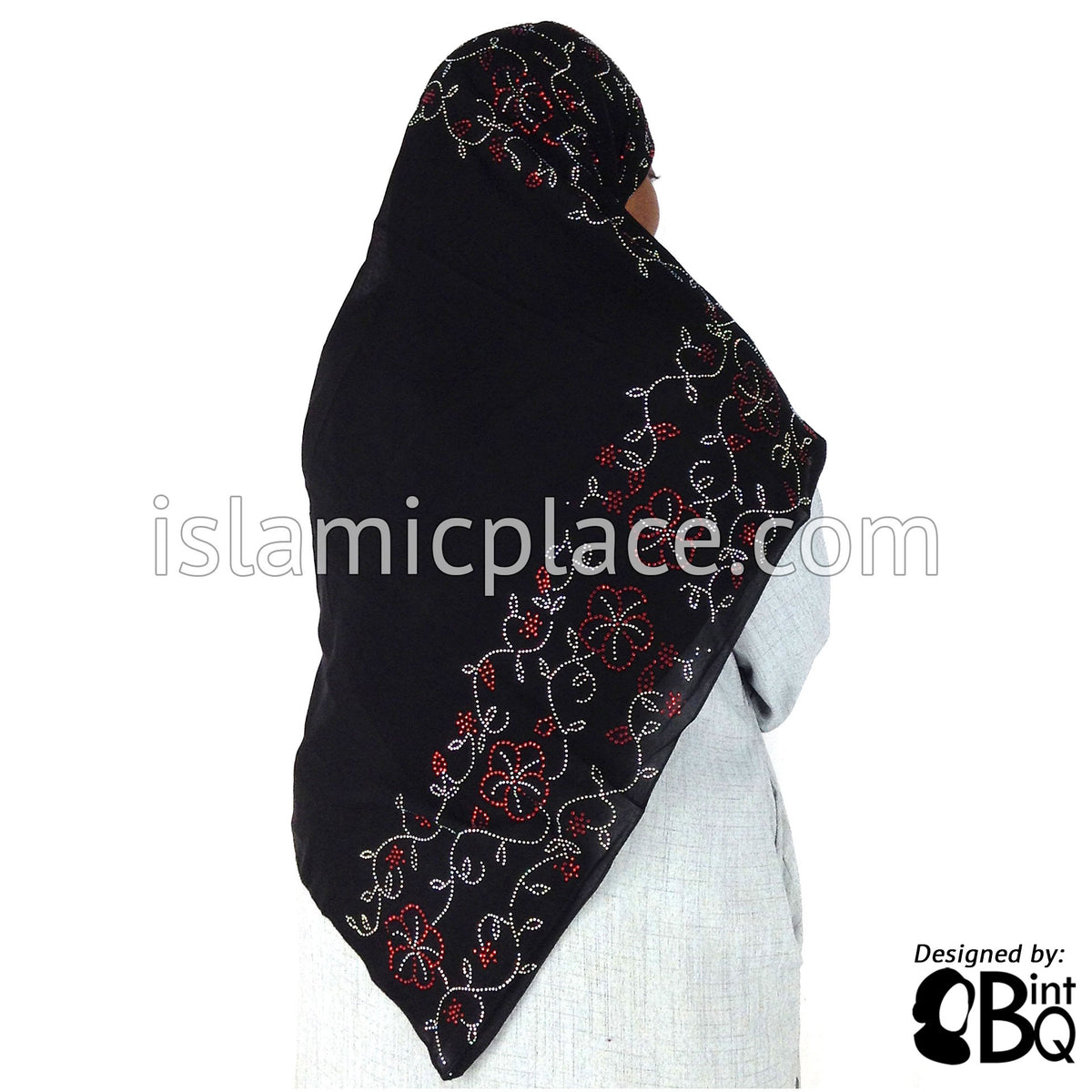 Red and Silver Daisies Long Rectangle Shayla Hijab with Stones 32"x72"