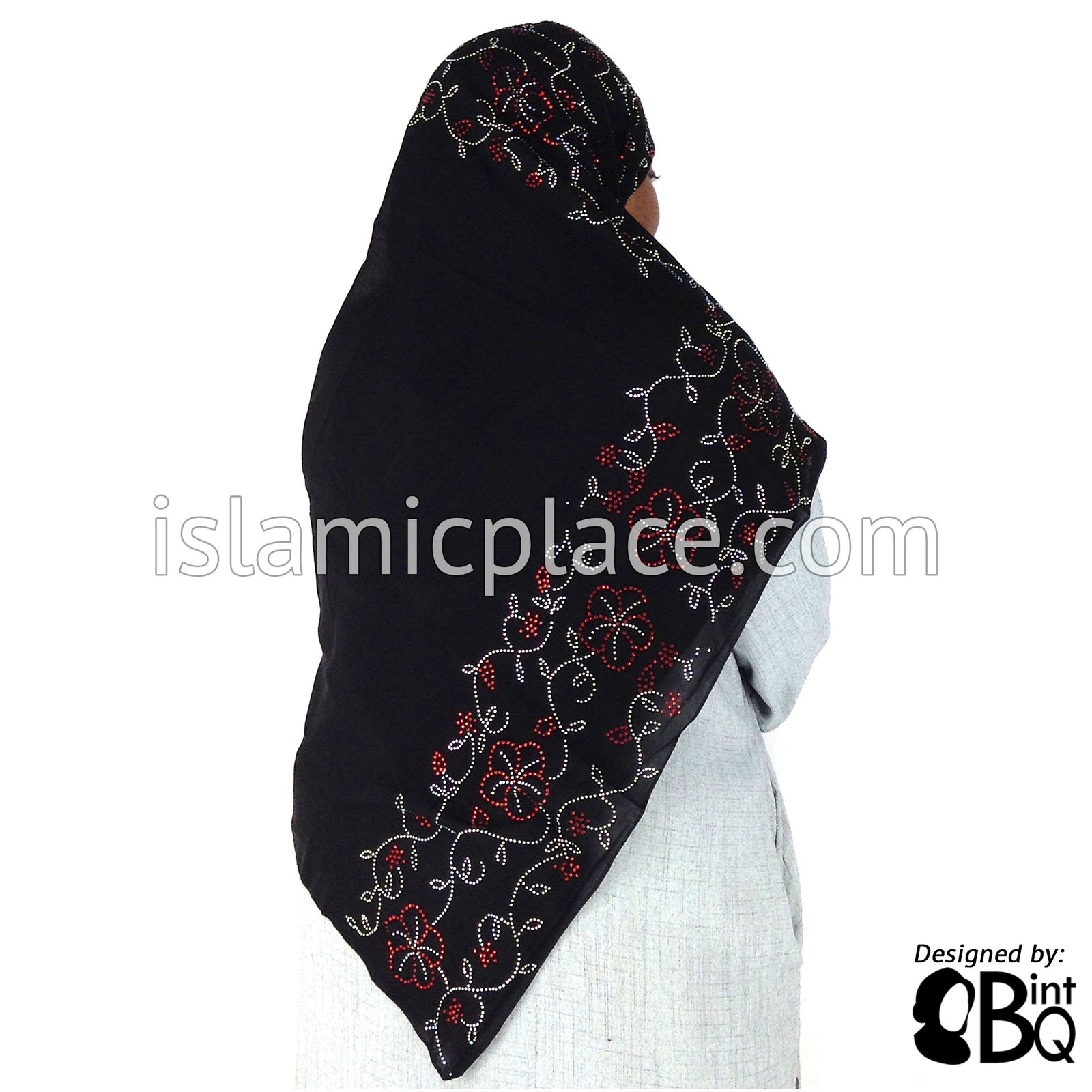 Red and Silver Daisies Long Rectangle Shayla Hijab with Stones 32"x72"