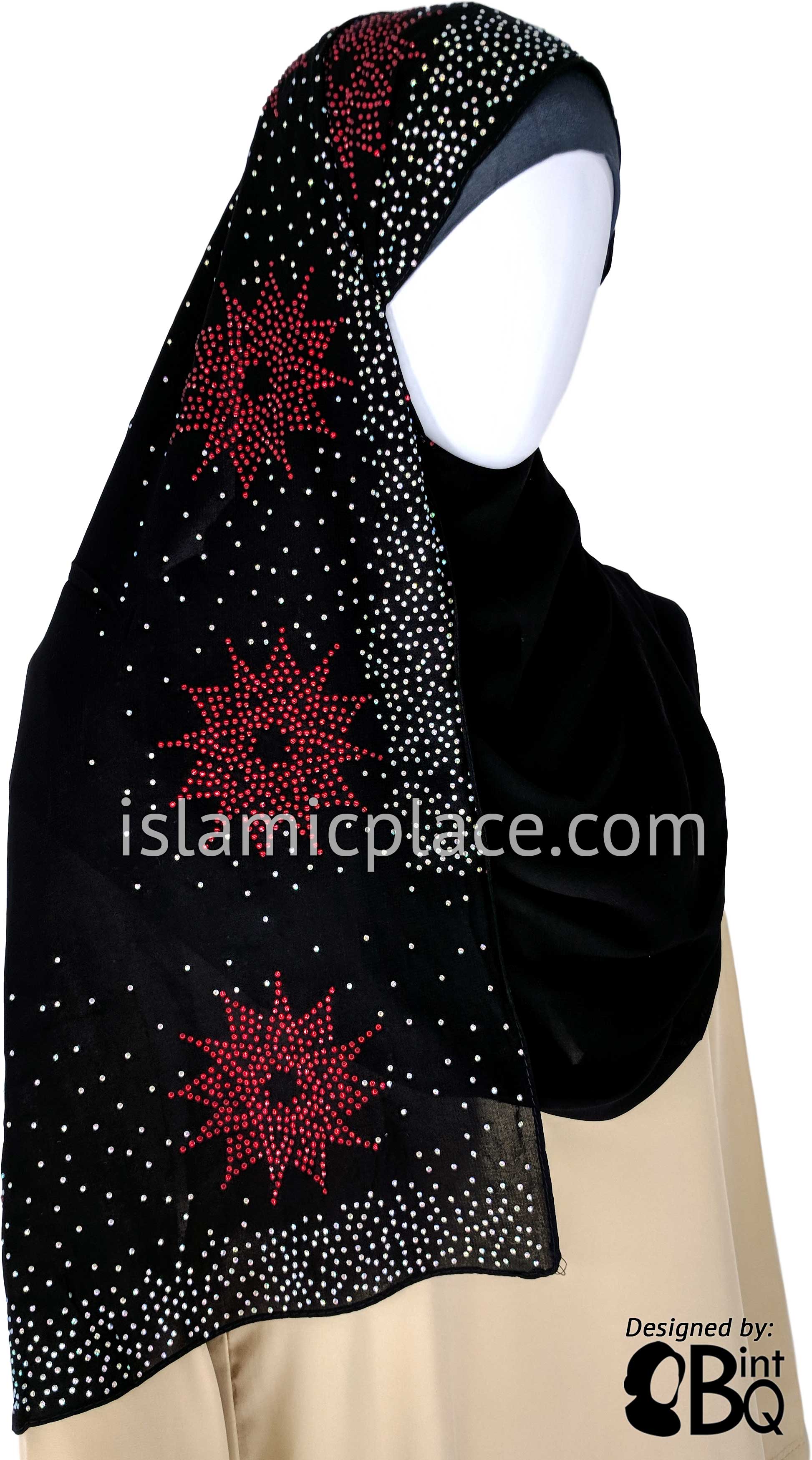 Silver with Red Burst Long Rectangle Shayla Hijab with Stones 32"x72"