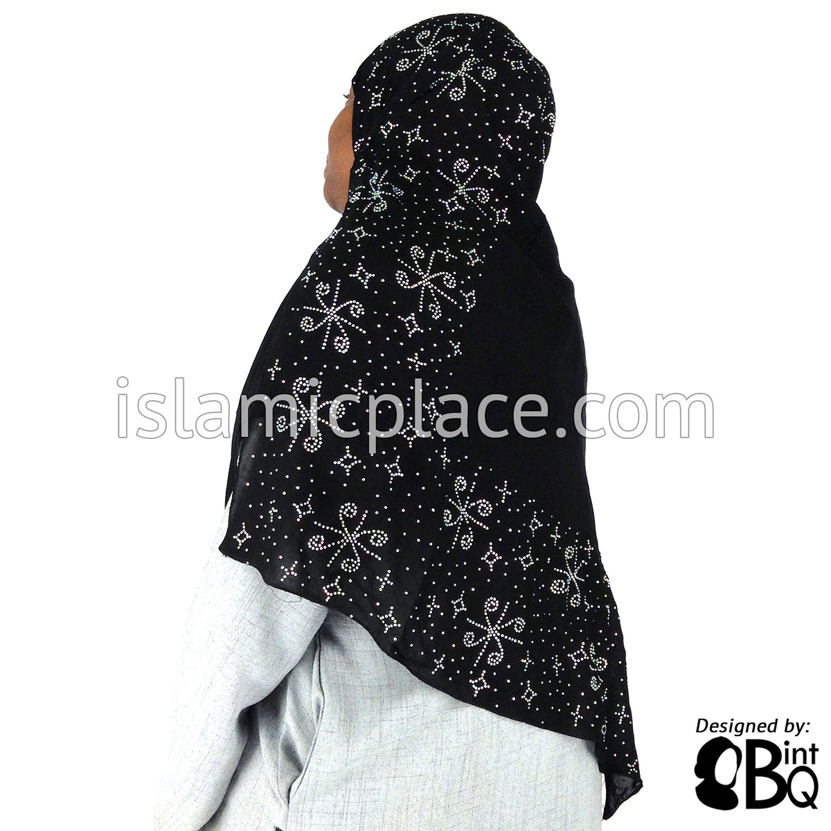 Silver Pinwheels Long Rectangle Shayla Hijab with Stones 32&quot;x72&quot;