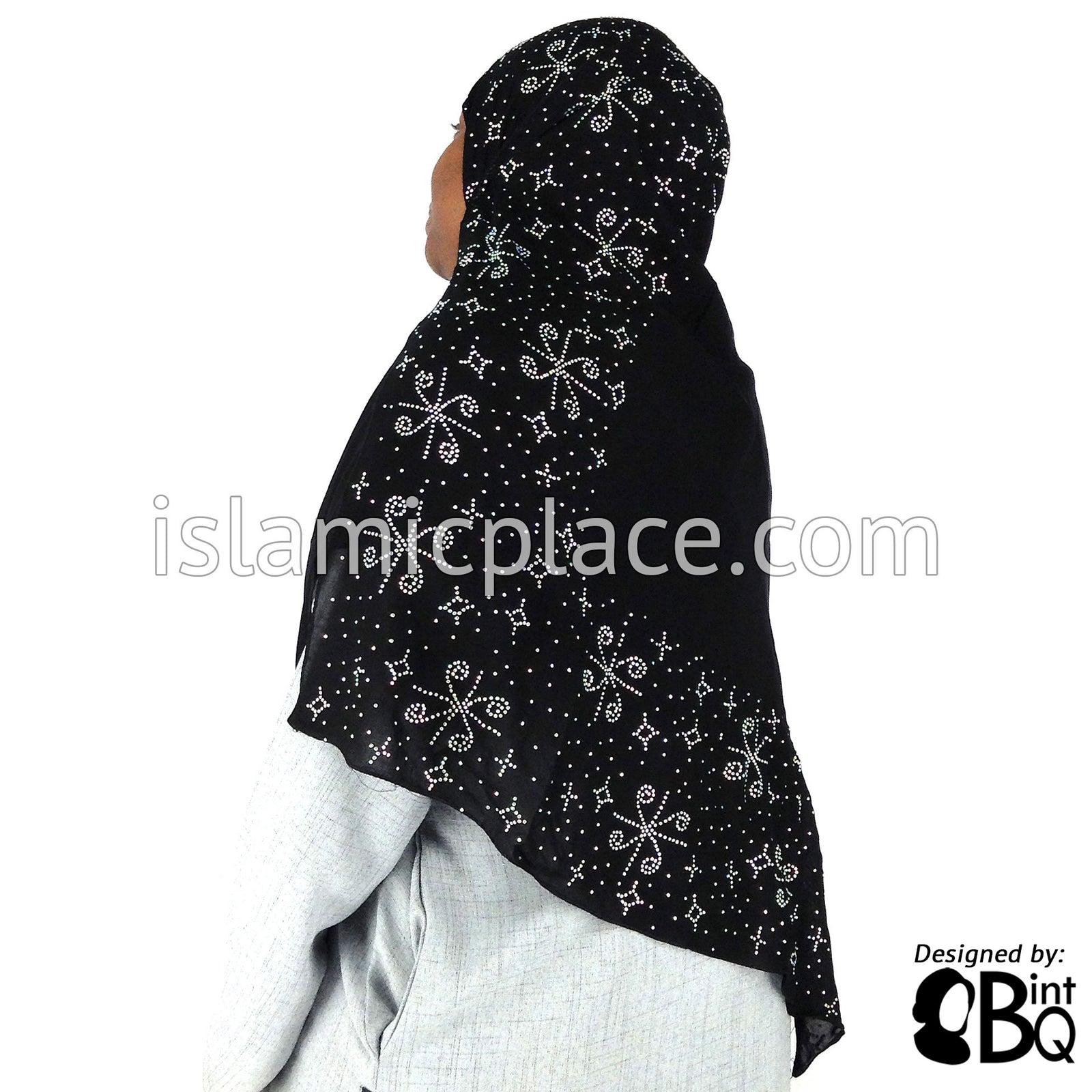 Silver Pinwheels Long Rectangle Shayla Hijab with Stones 32"x72"