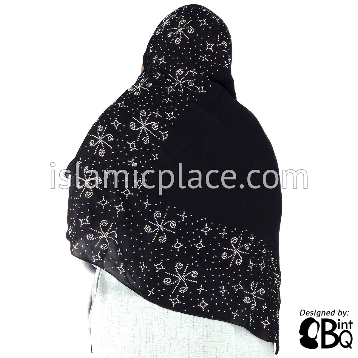 Silver Pinwheels Long Rectangle Shayla Hijab with Stones 32"x72"