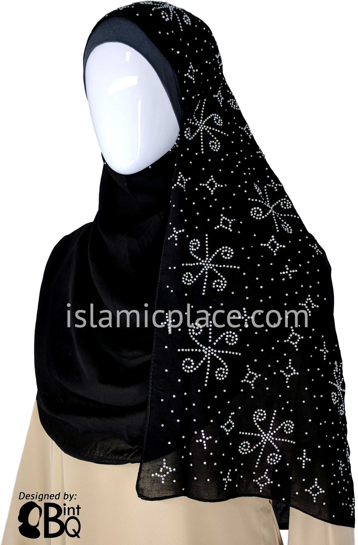 Silver Pinwheels Long Rectangle Shayla Hijab with Stones 32"x72"