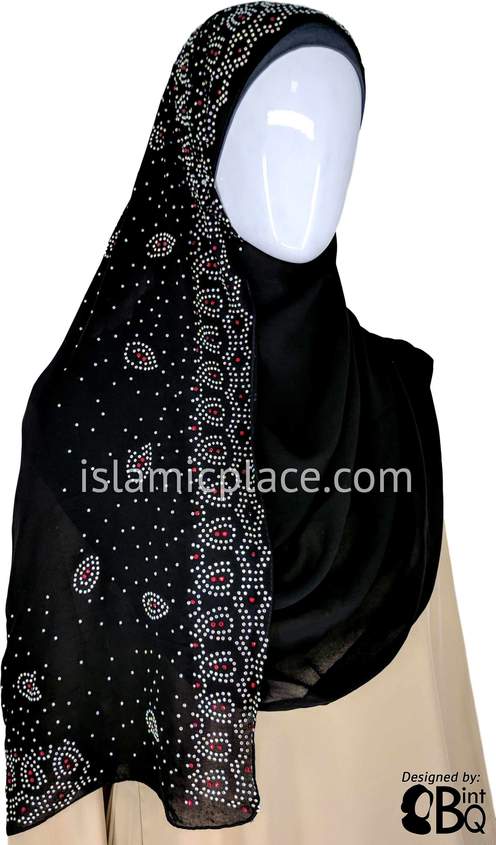 Silver Raindrops with Red Center Long Rectangle Shayla Hijab with Stones 32"x72"