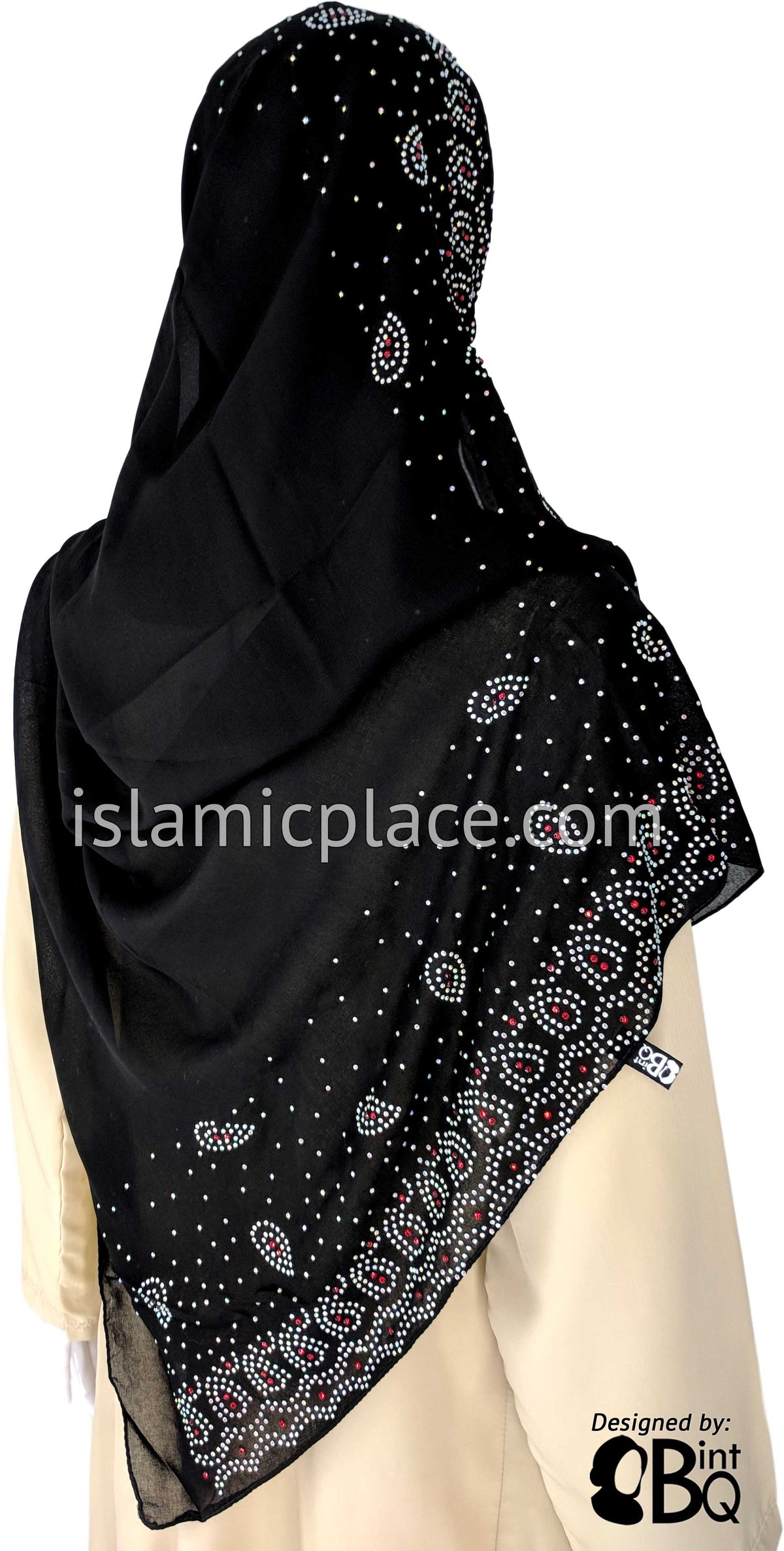 Silver Raindrops with Red Center Long Rectangle Shayla Hijab with Stones 32"x72"