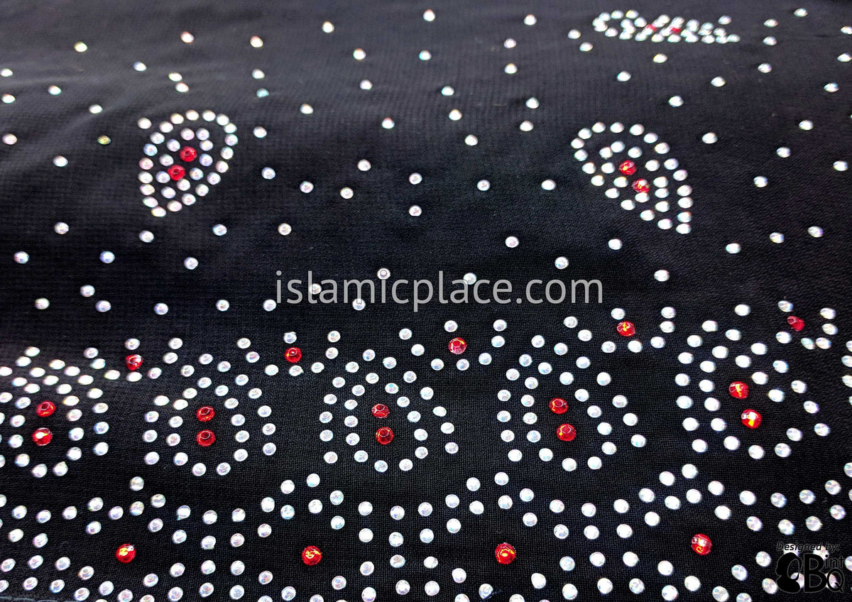 Silver Raindrops with Red Center Long Rectangle Shayla Hijab with Stones 32"x72"