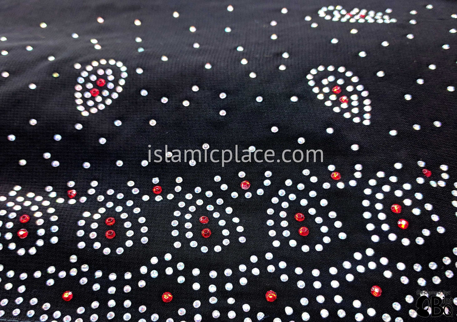 Silver Raindrops with Red Center Long Rectangle Shayla Hijab with Stones 32"x72"