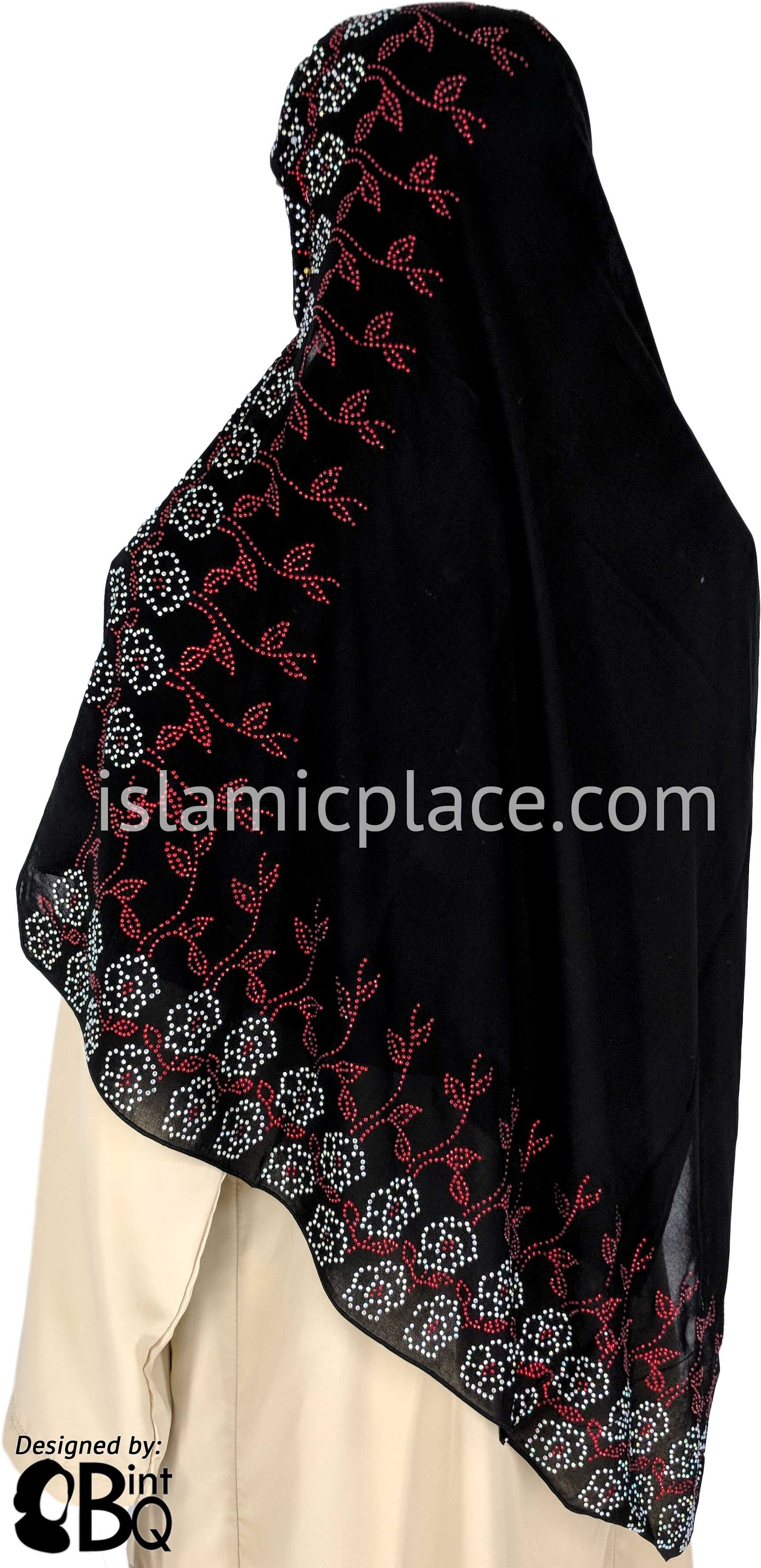 Silver Daisy on Red Stems Long Rectangle Shayla Hijab with Stones 32"x72"