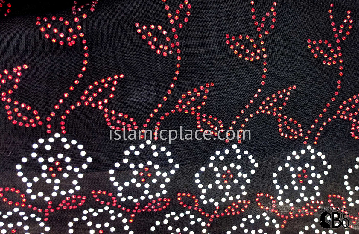 Silver Daisy on Red Stems Long Rectangle Shayla Hijab with Stones 32"x72"