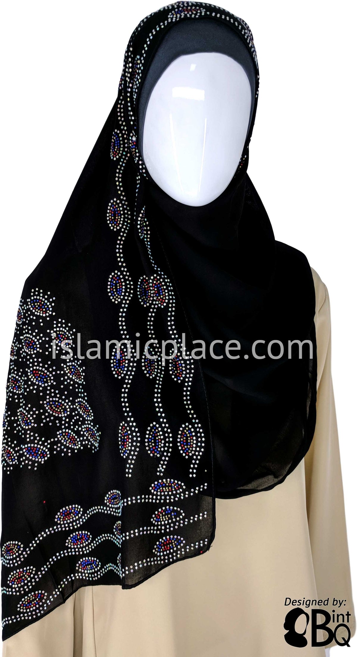 Multi-color Pebbles on Silver Waves Long Rectangle Shayla Hijab with Stones 32&quot;x72&quot;