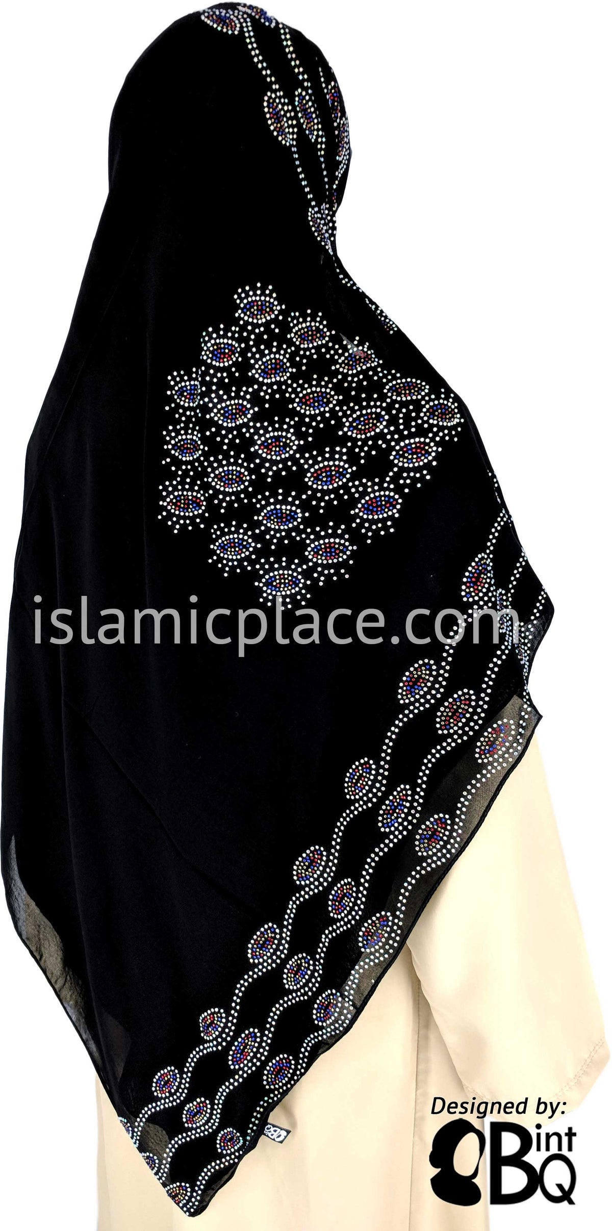 Multi-color Pebbles on Silver Waves Long Rectangle Shayla Hijab with Stones 32"x72"