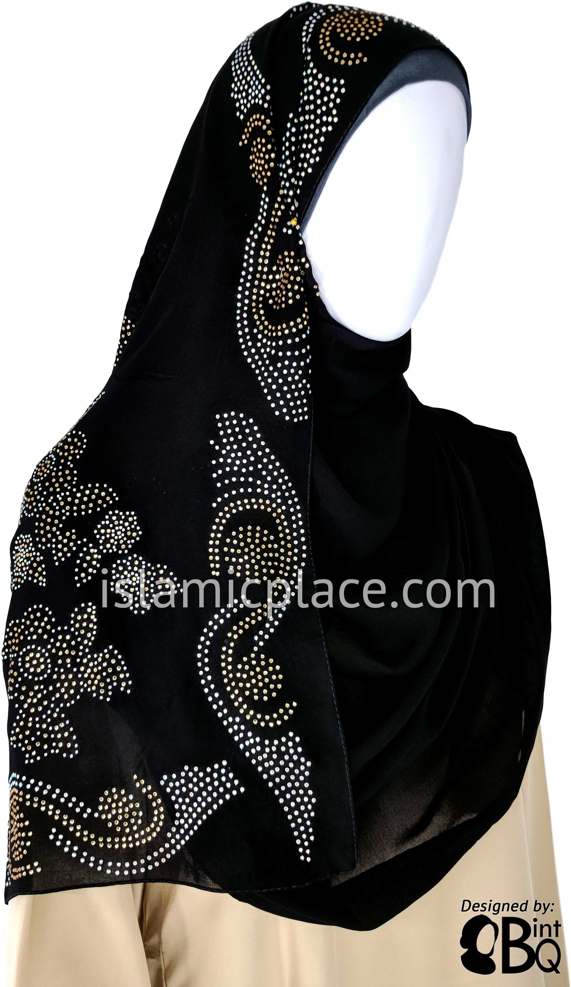 Gold & Silver Motif Long Rectangle Shayla Hijab with Stones 32"x72"