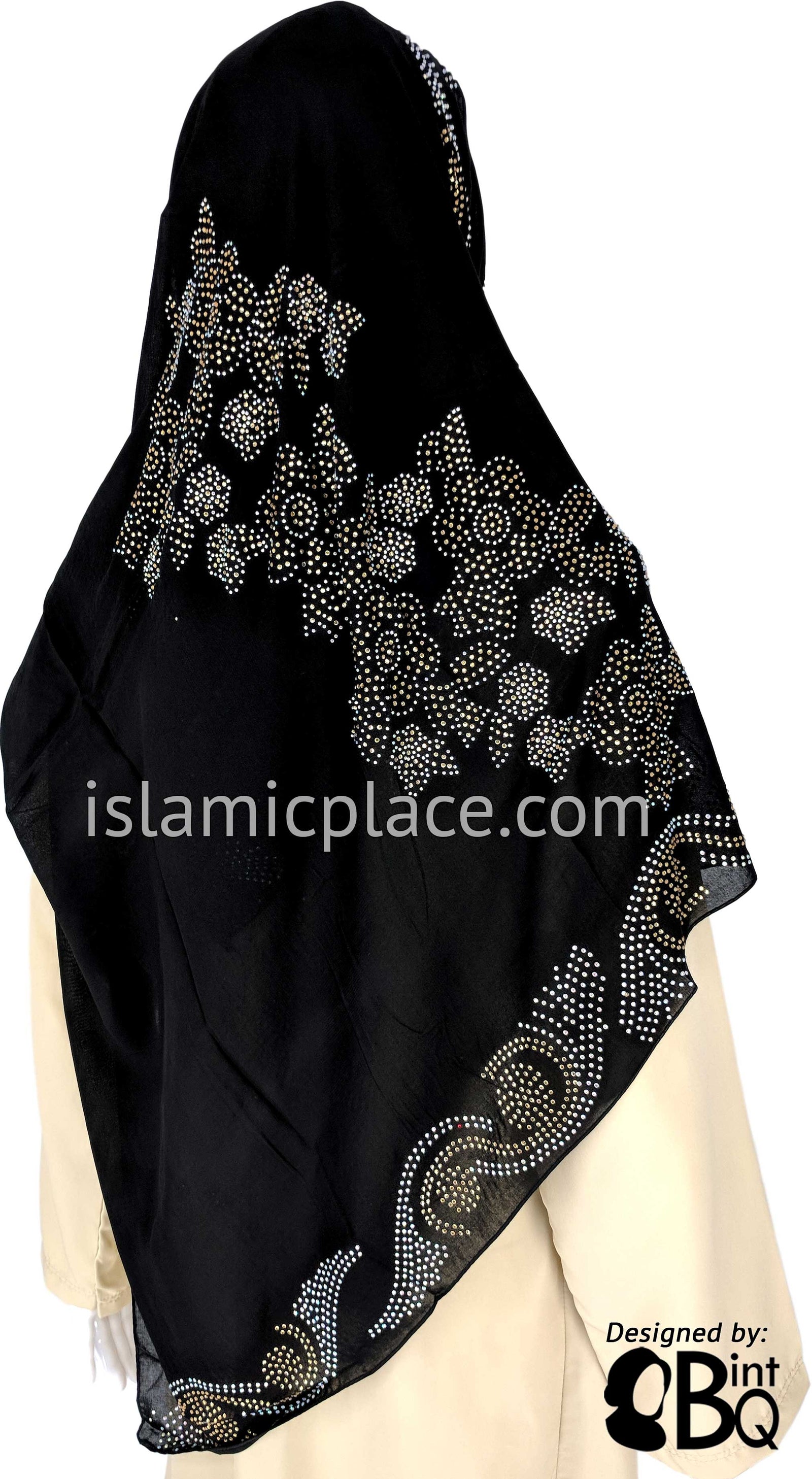 Gold & Silver Motif Long Rectangle Shayla Hijab with Stones 32"x72"